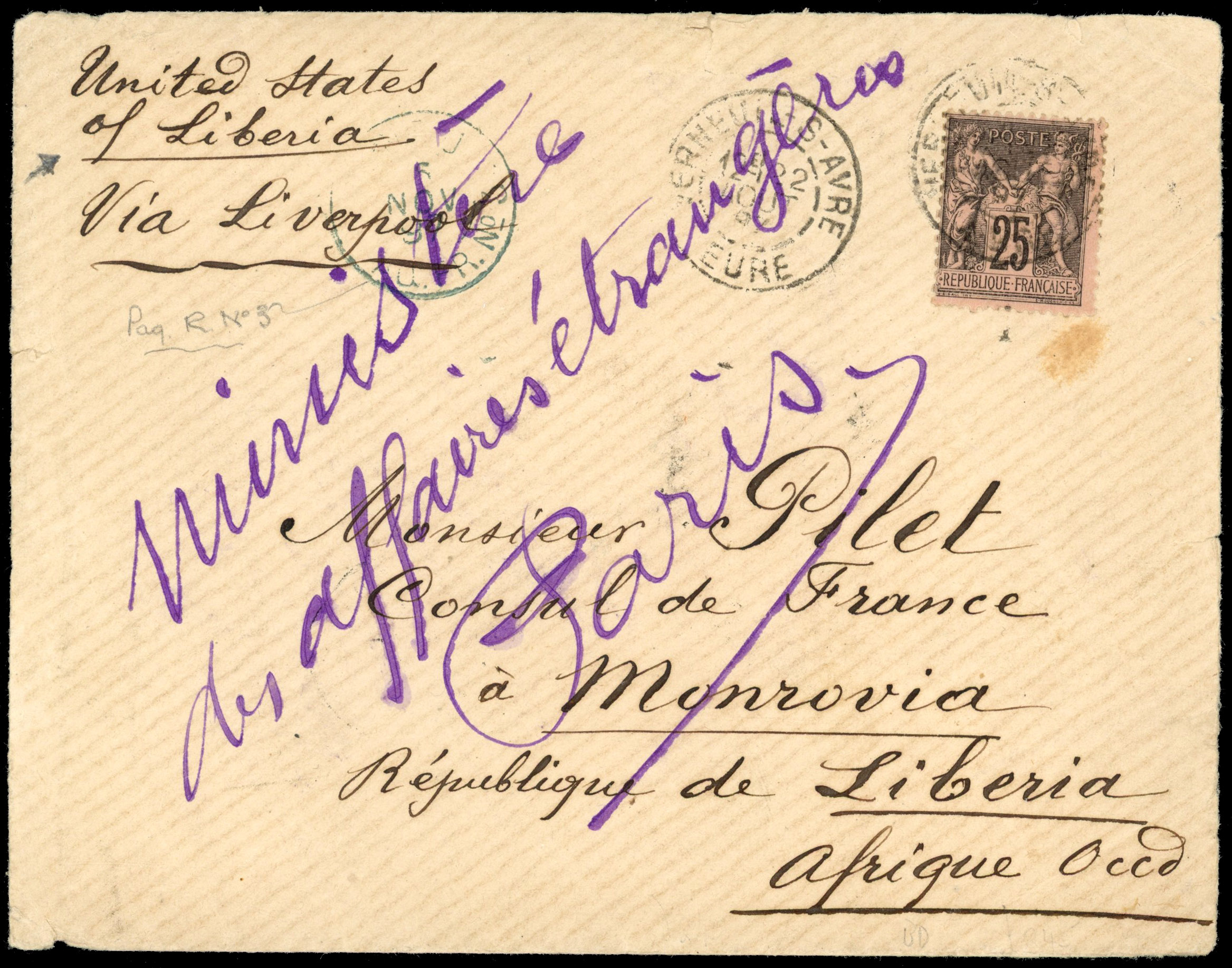 France 1897 cover to French consul, Liberia, returned