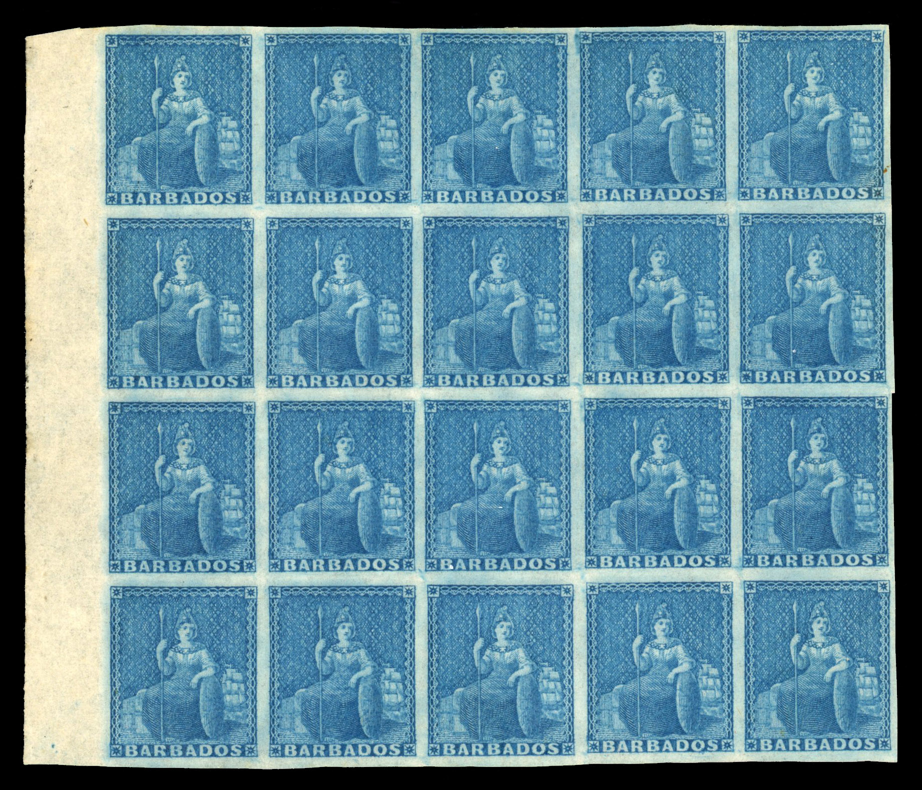 Barbados SG 3 1851 (1d) mint block of twenty