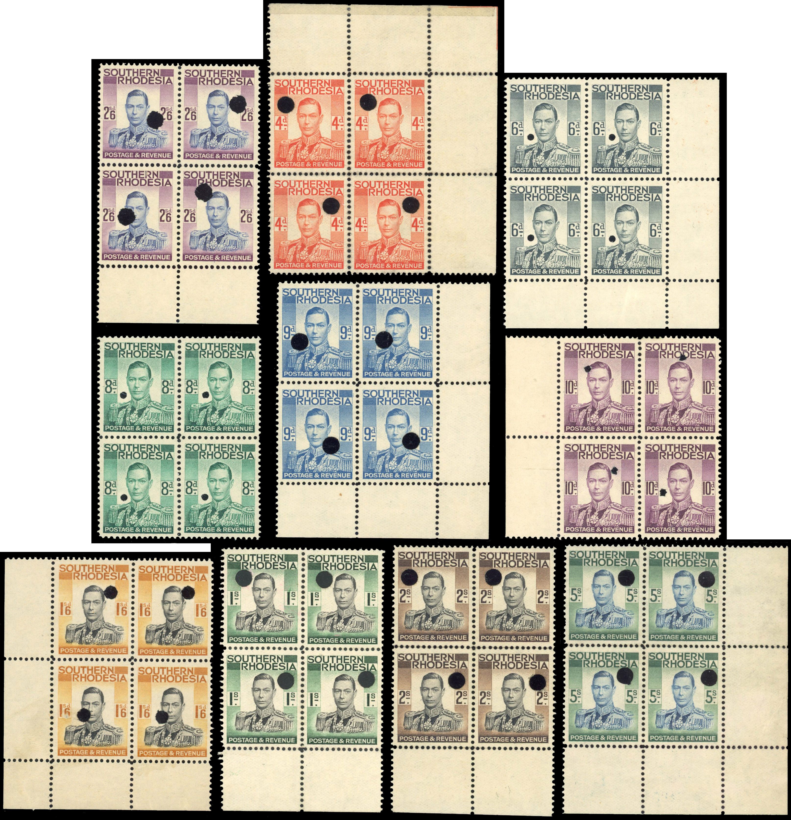 Southern Rhodesia SG 43-52 4d to 5s plate proof blocks