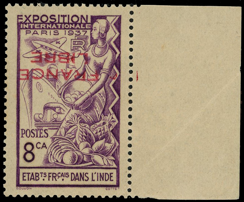 French Indian Settlements 1941 surcharge inverted SG 154a, Y%T 156