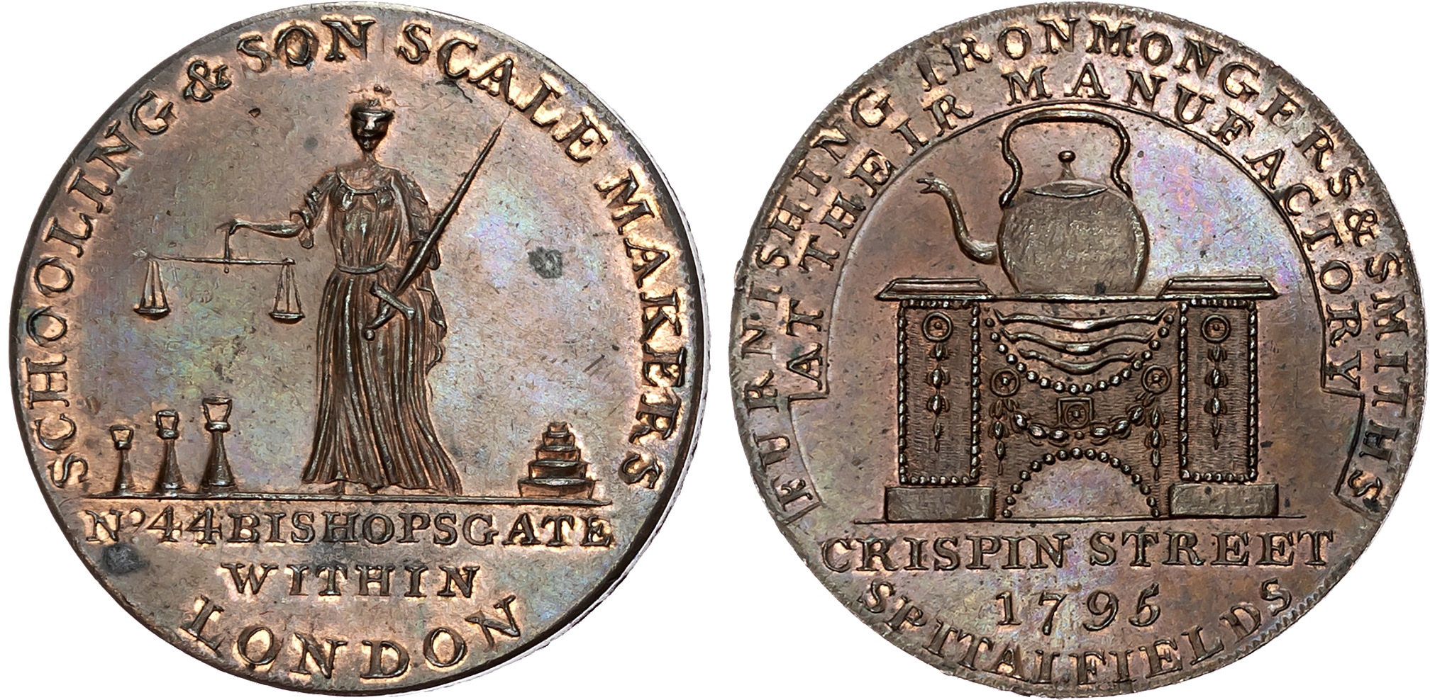 London, Bishopsgate, Schooling & Son (scale-maker) Halfpenny 1795, Justice standing, rev . Kettle on stove, edge plain, …