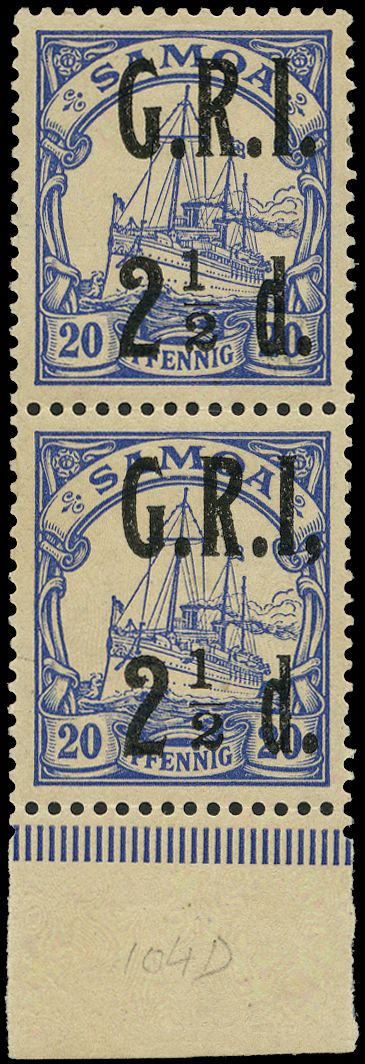 1914 GRI 2½d on 20pf ultramarine bottom marginal vertical pair, the lower stamp with comma for stop after 'I', o.g. with...