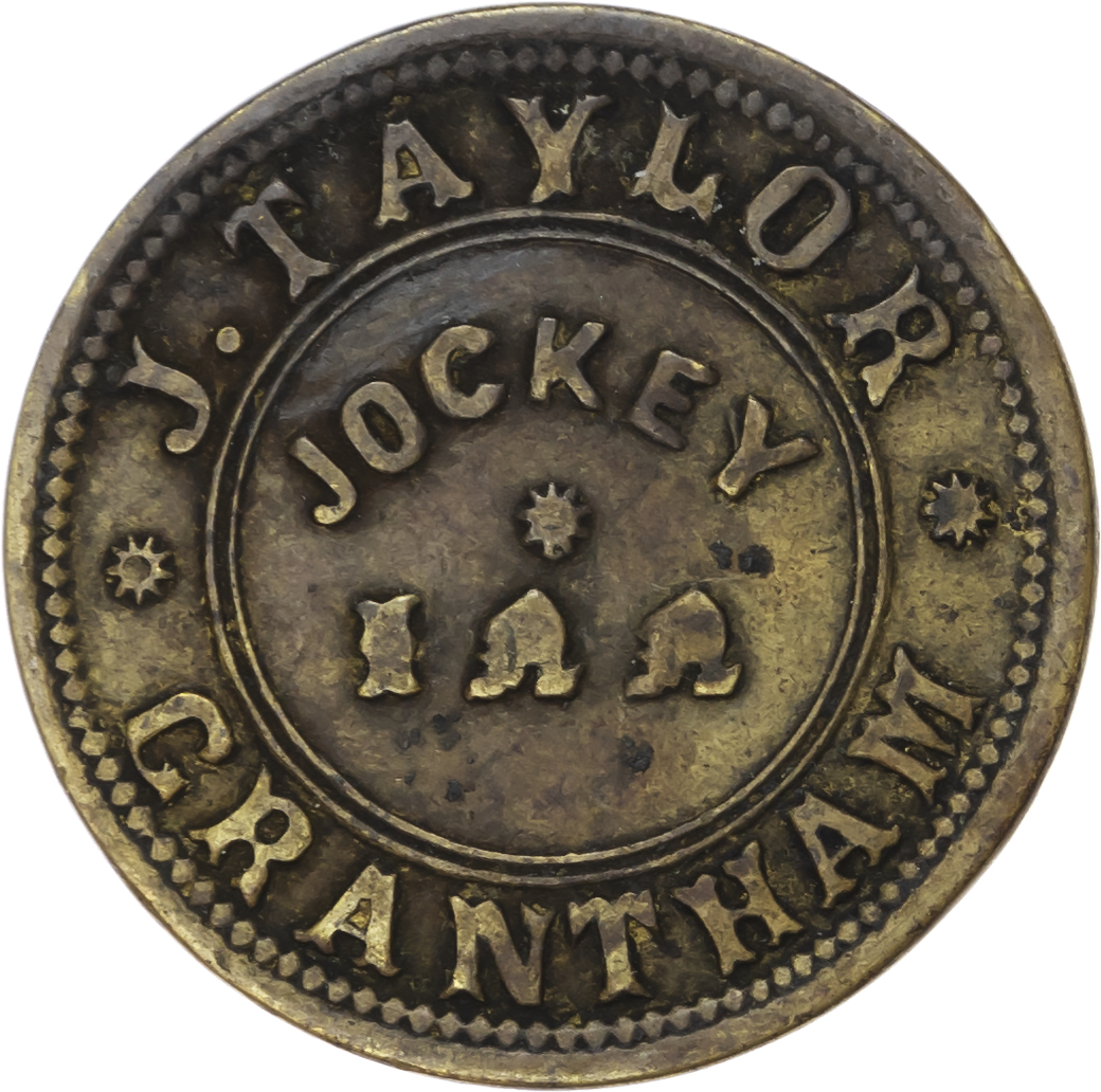 Lot of 5 coins - Lincs. Grantham, London Rd., The Reapers , 1½d., 26.5mm. (Sale). gVF; Jockey , 1½d., 2½d. (2 punched over...