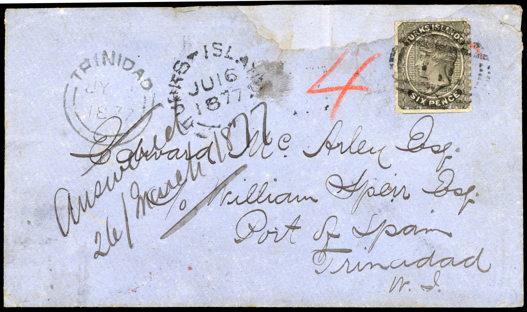 Turks Islands 1877 (16 June) cover (repaired at top) to Port of Spain