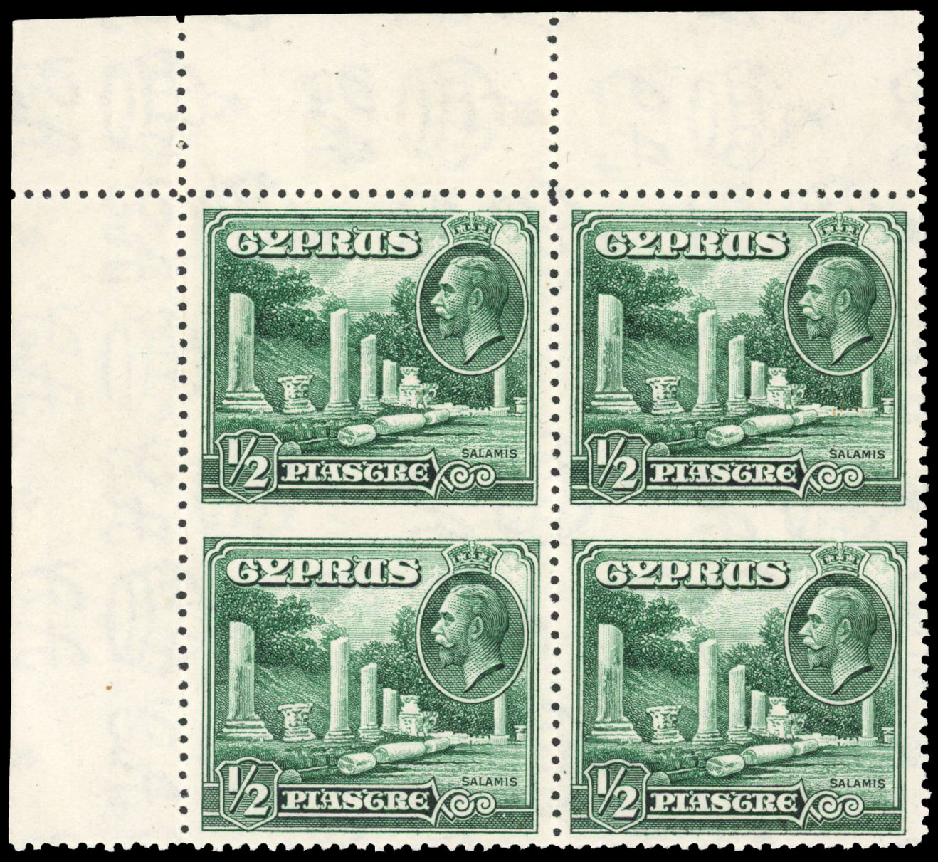 Cyprus 1934 ½pi green block of 4 imperforate between, SG 134a