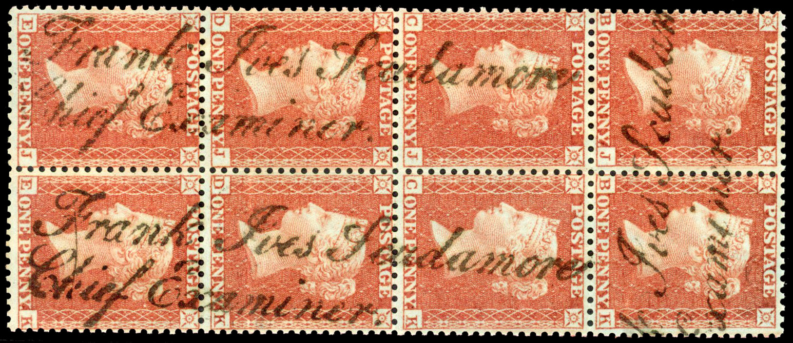 1855 1d Red-Brown Pl.2. Block eight  ‘Frank Ives Scudamore/Chief Examiner’ handstamp