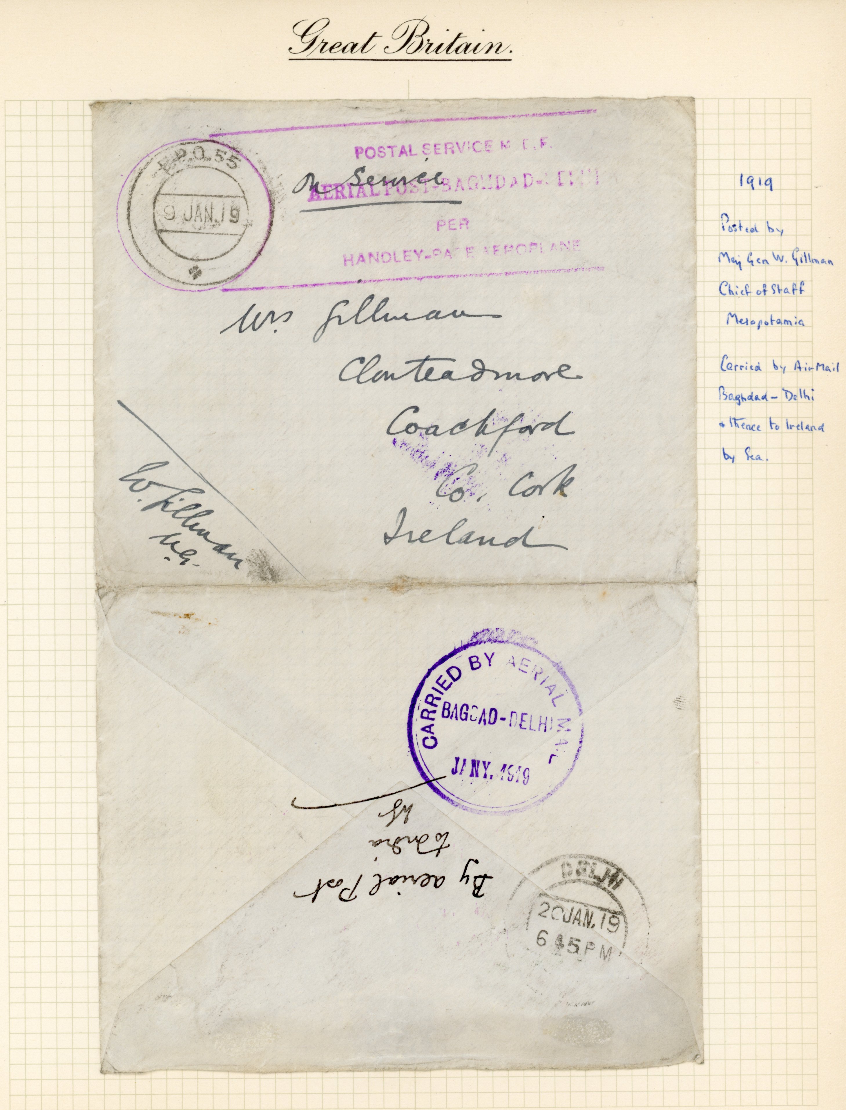 Iraq: 1919 (9 Jan) First airmail from GB to India via Iraq stampless cover flown by RAF Handley Page aircraft Old Carthusian