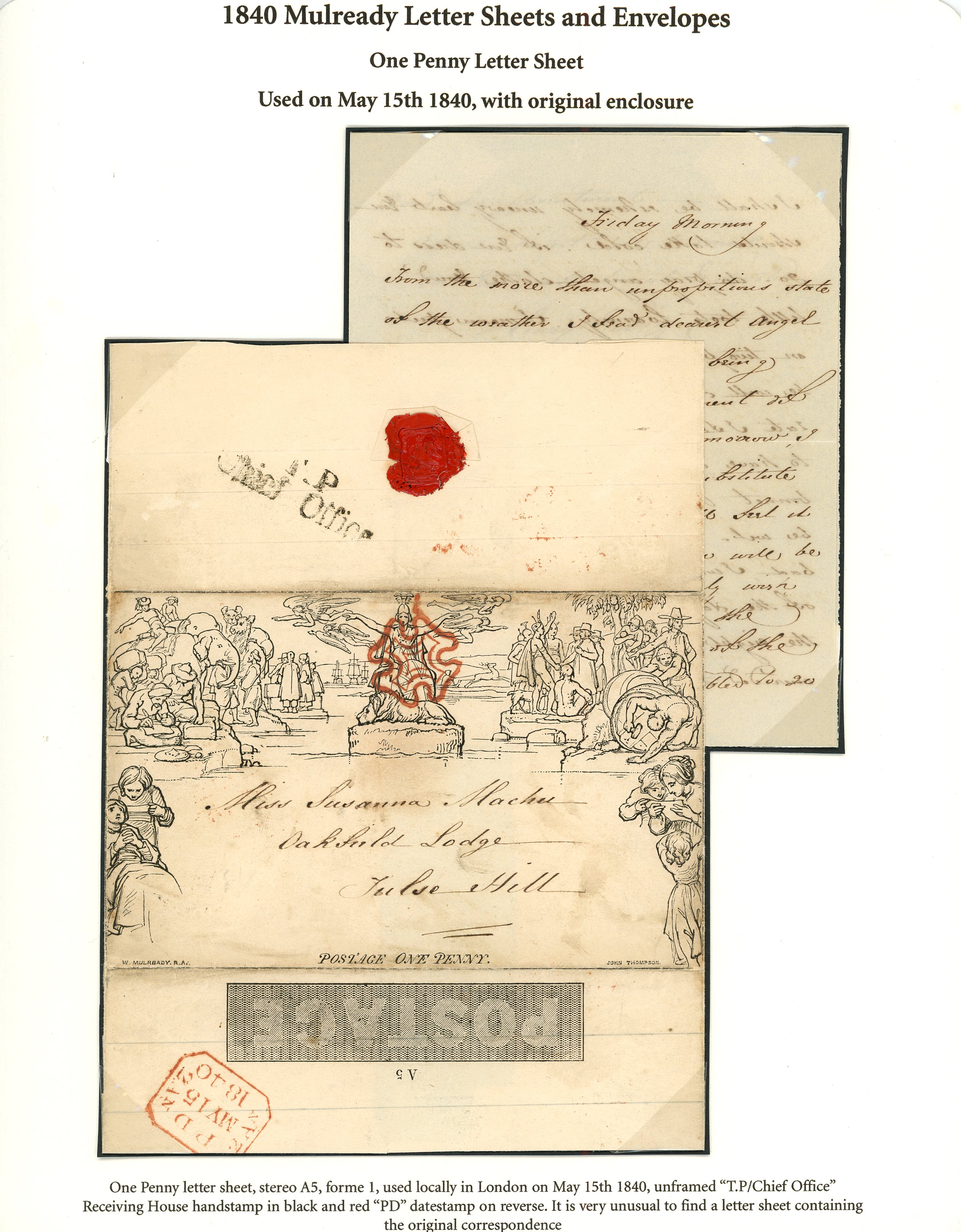 840 1d black Mulready letter sheet, stereo A5, forme 1, used locally in...