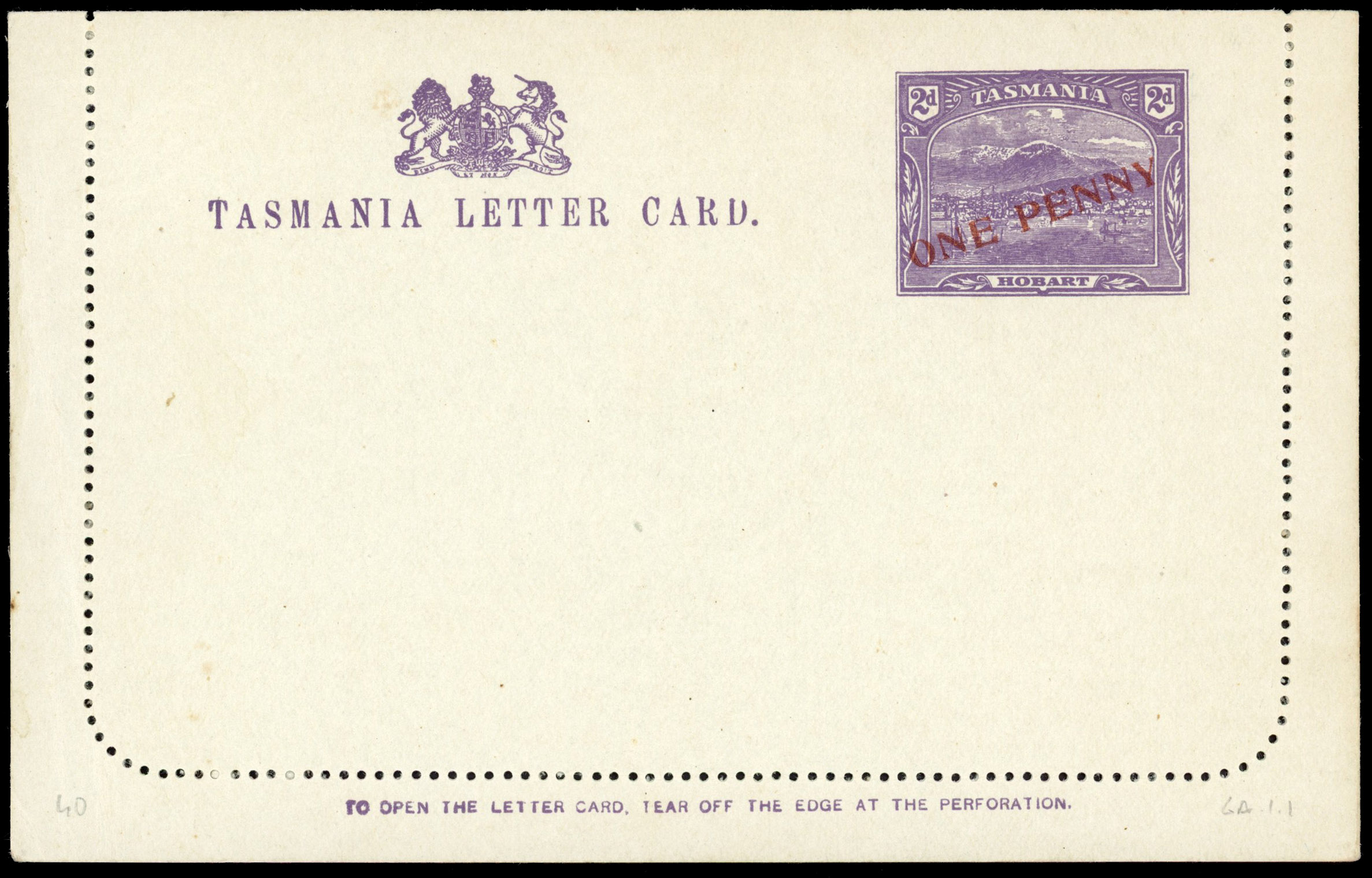 Tasmania Stationery lettercards 1911 1d on 2d 20° surcharges unused