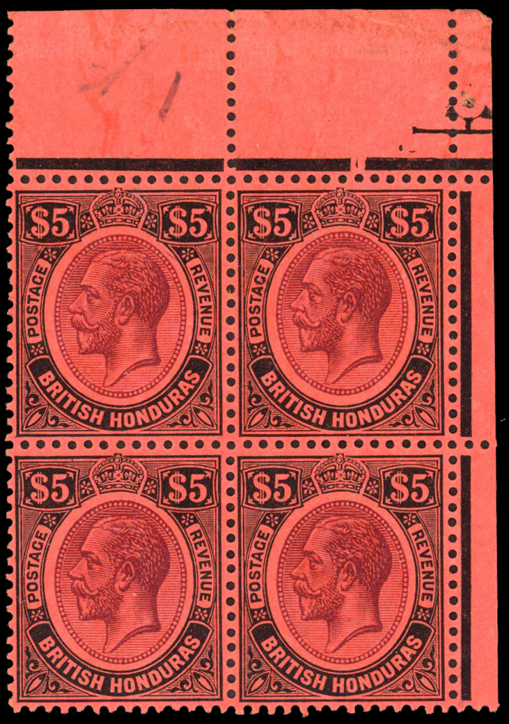 British Honduras 1922-33 $5 corner block of 4