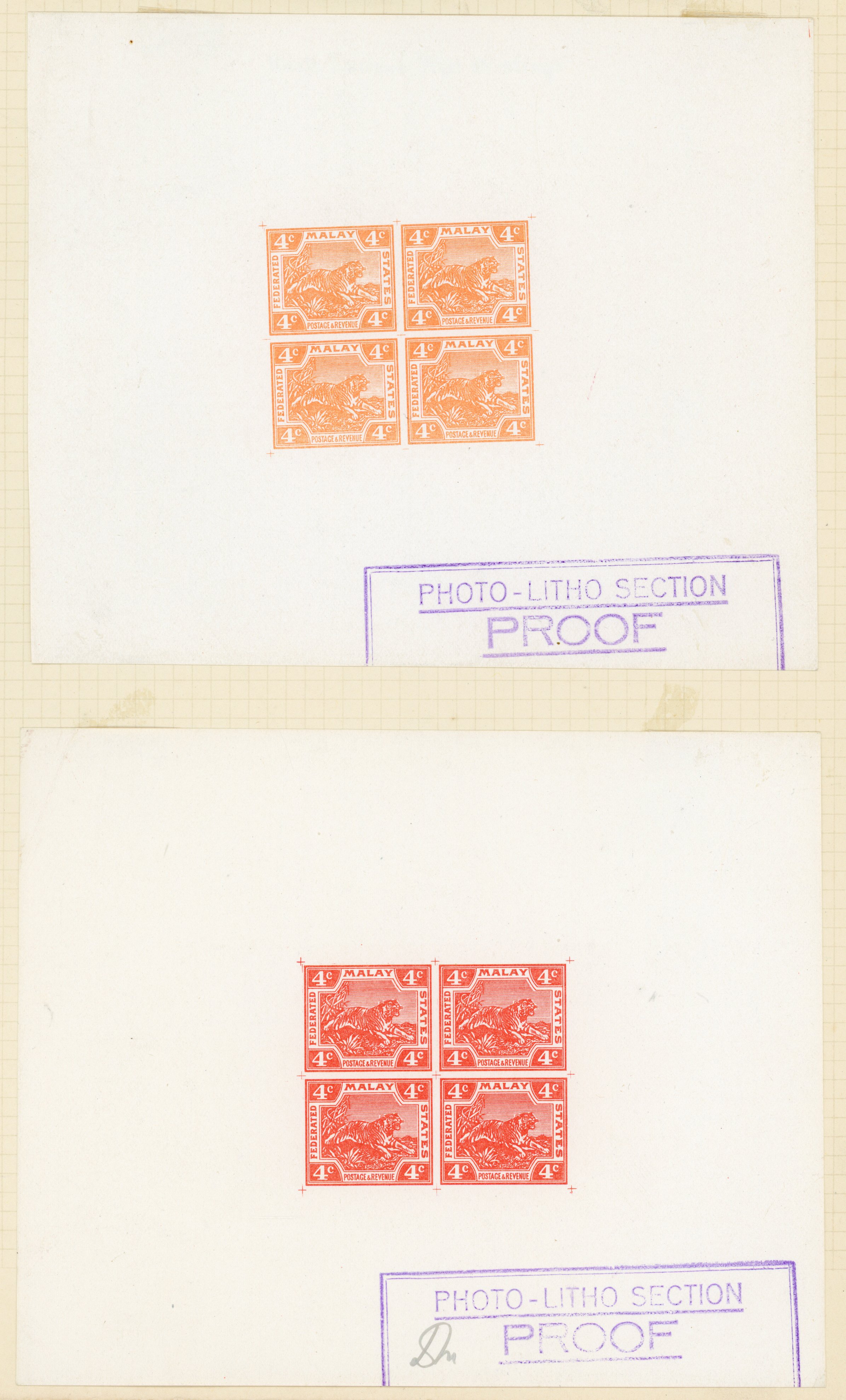 1933-34 Survey Department 4c Leaping Tiger essays on thin glazed paper (Norris Type A), similar design to issued