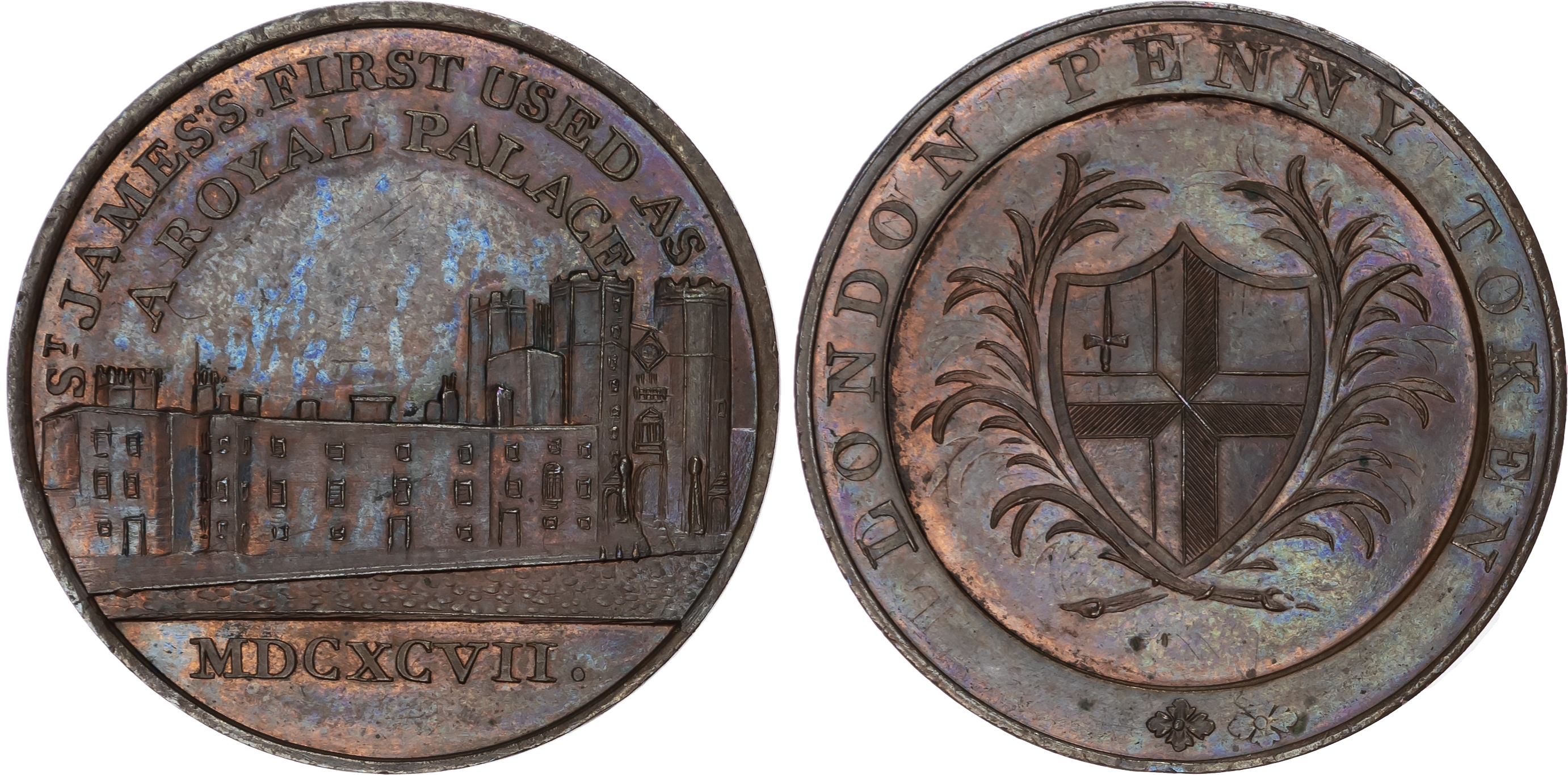 London, Kempson’s ‘London promissory’ penny token undated, St. James’s Palace, rev . City of London arms, edge…