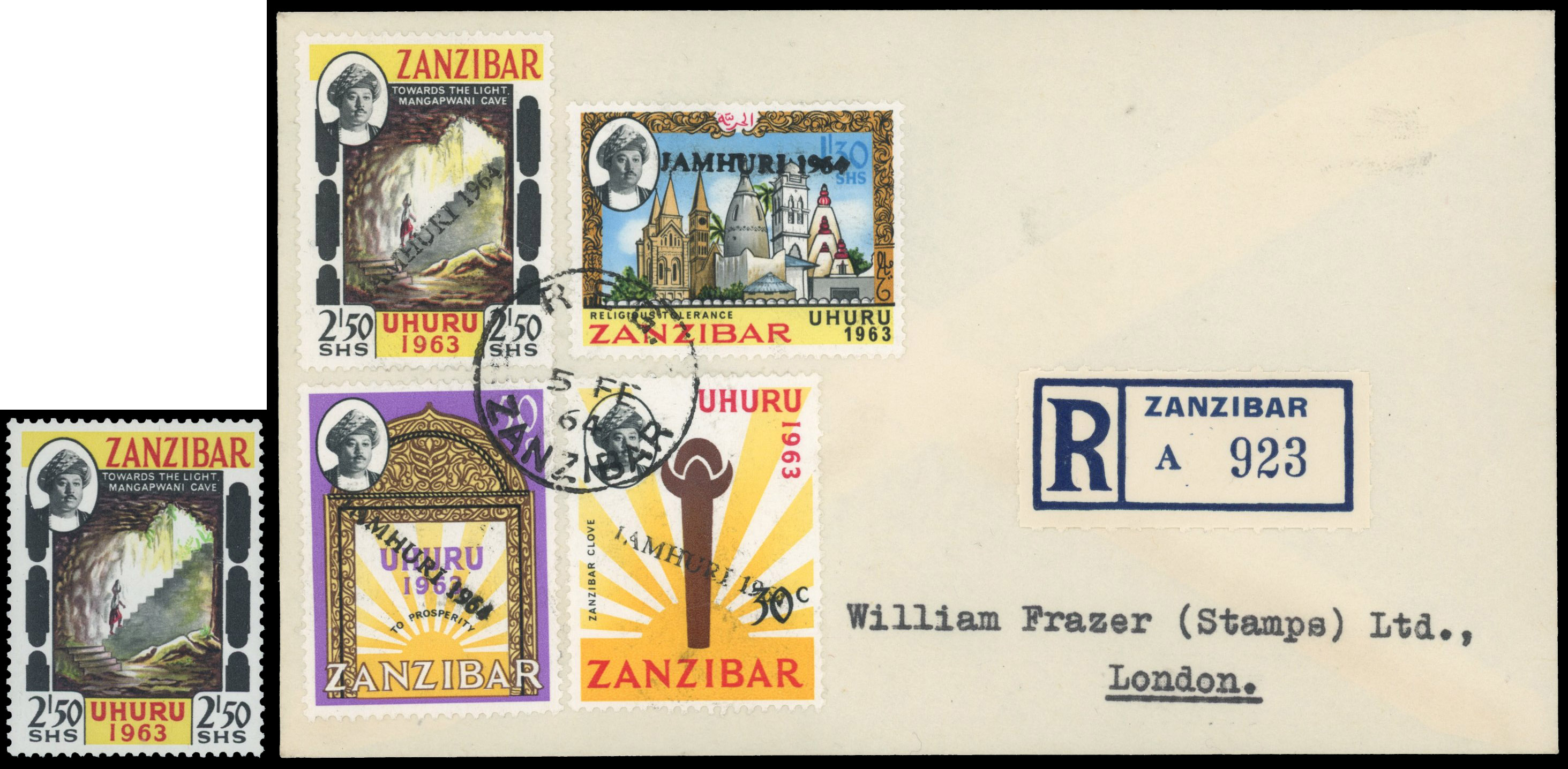 Zanzibar SG 413a 1964 Jamhuri 2s50 green omitted on philatelic cover