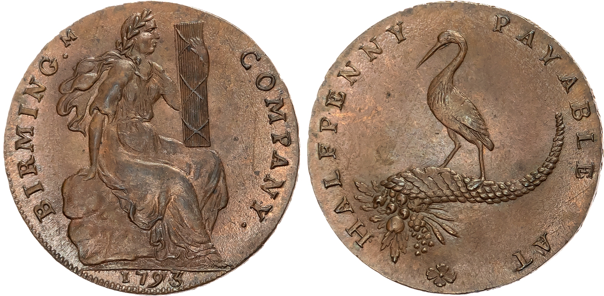 Warks. Birmingham , Birmingham (Copper) Company Halfpenny 1793, Commerce seated right holding fasces, rev. Stork and cor …