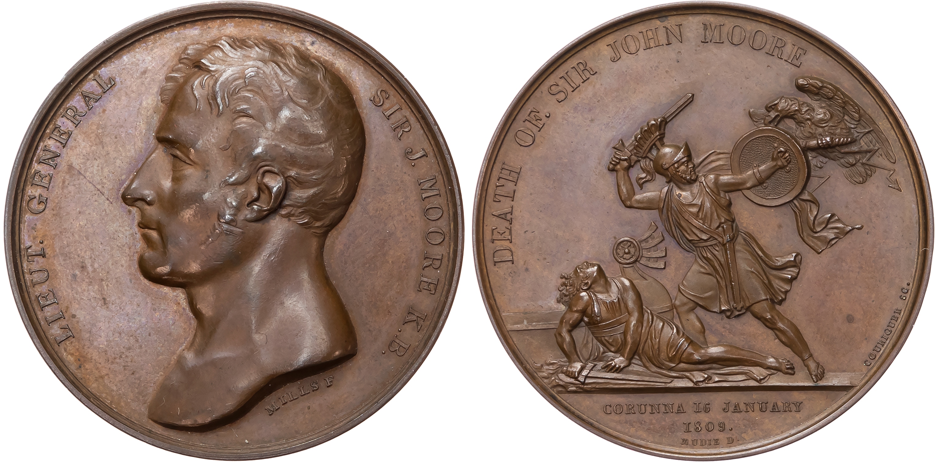 Death of Sir John Moore, copper medal (41mm/38.44gm), dated 1809, struck 1820, by Mills and J. A. Couriguer. 