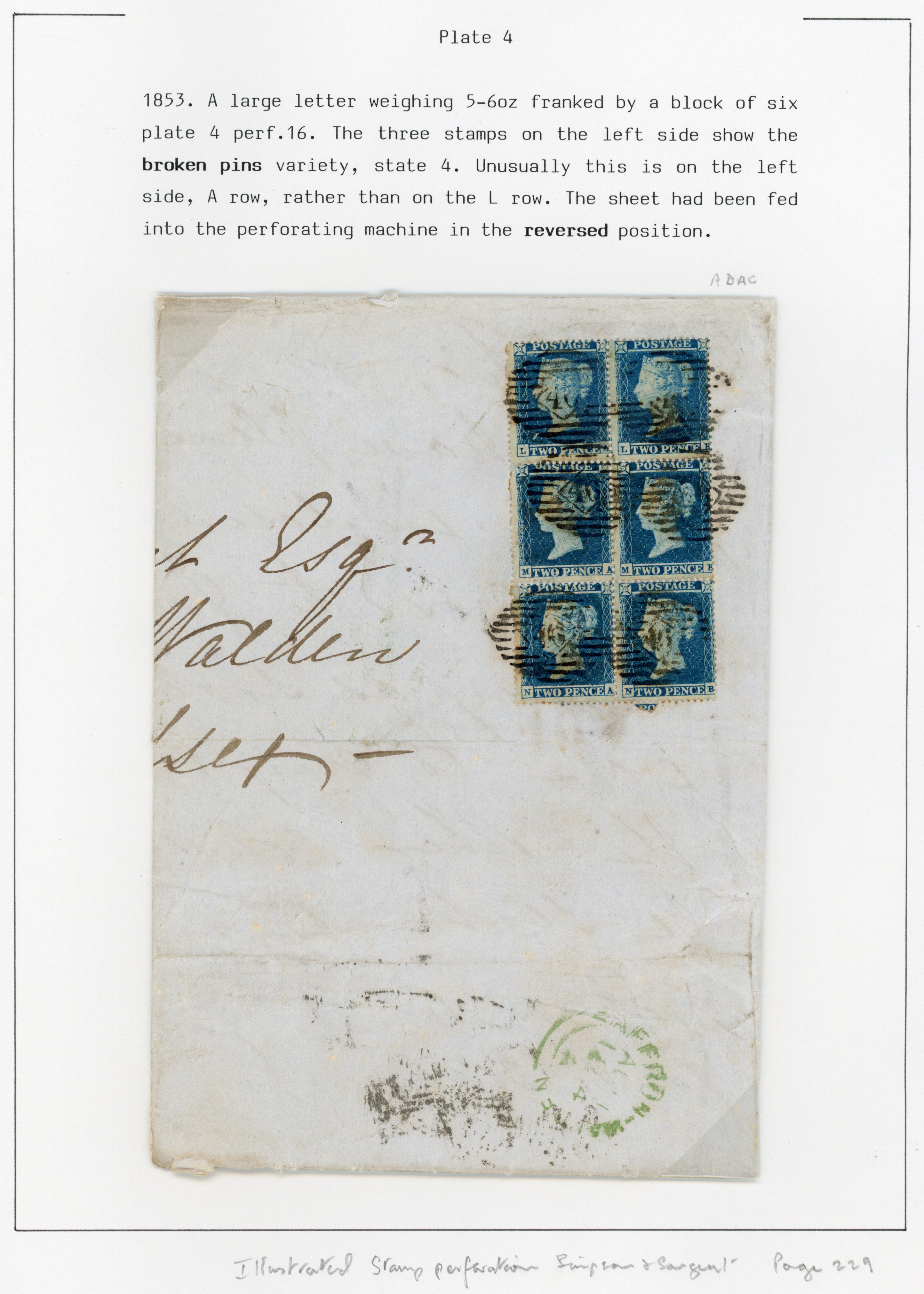 1854 2d Blue (Die I, Alphabet I, Wmk. Small crown, Perf 16) entire, broken perf pin variety