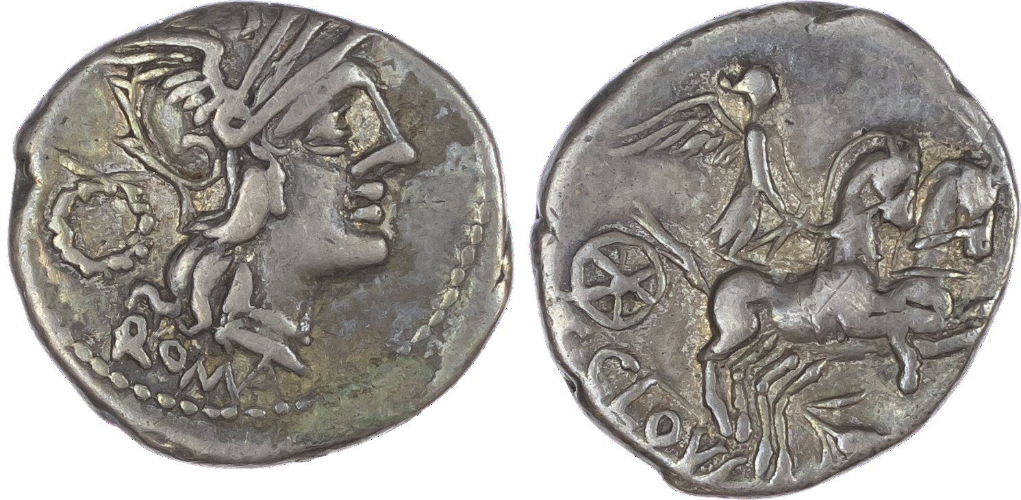 T. Cloulius (128 BC) AR Denarius, Rome, 3.87g. ROMA, helmeted head of Roma facing right, wreath behind. Rev. Victory,