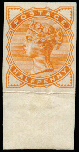 Great Britain 1884 ½d Colour trial. Very fine unused bottom marginal imperforate example printed in orange on gumm…