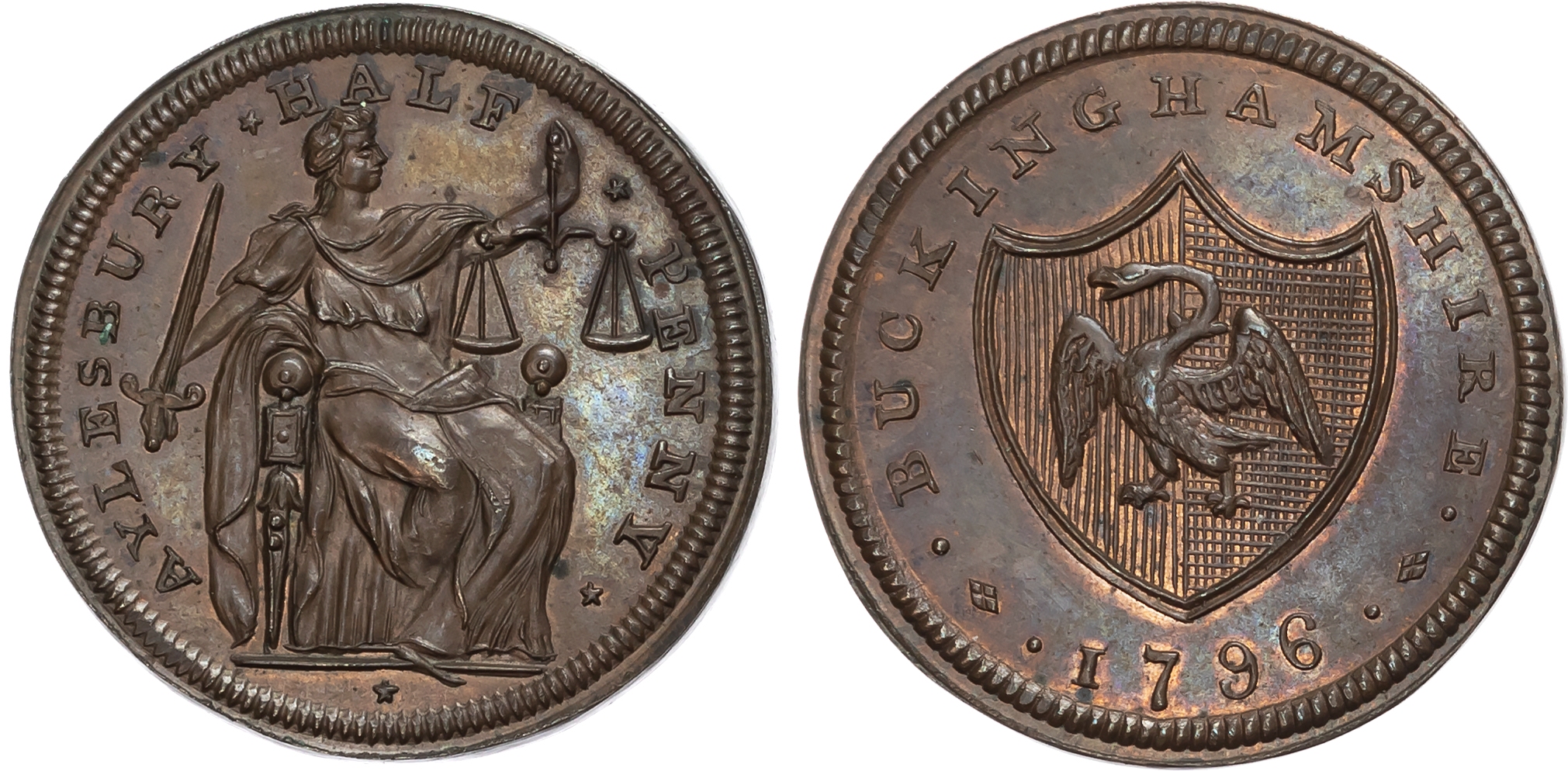 Bucks. Aylesbury , Francis Wheeler Halfpenny 1796, Justice seated right, holding sword and scales, rev . county arms – a …