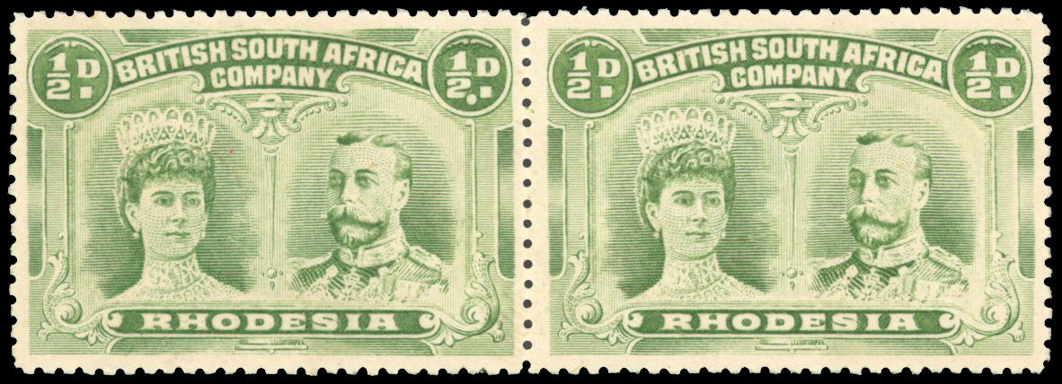 Rhodesia 1910-13 ½d pale green perf 14 with Double Dot flaw