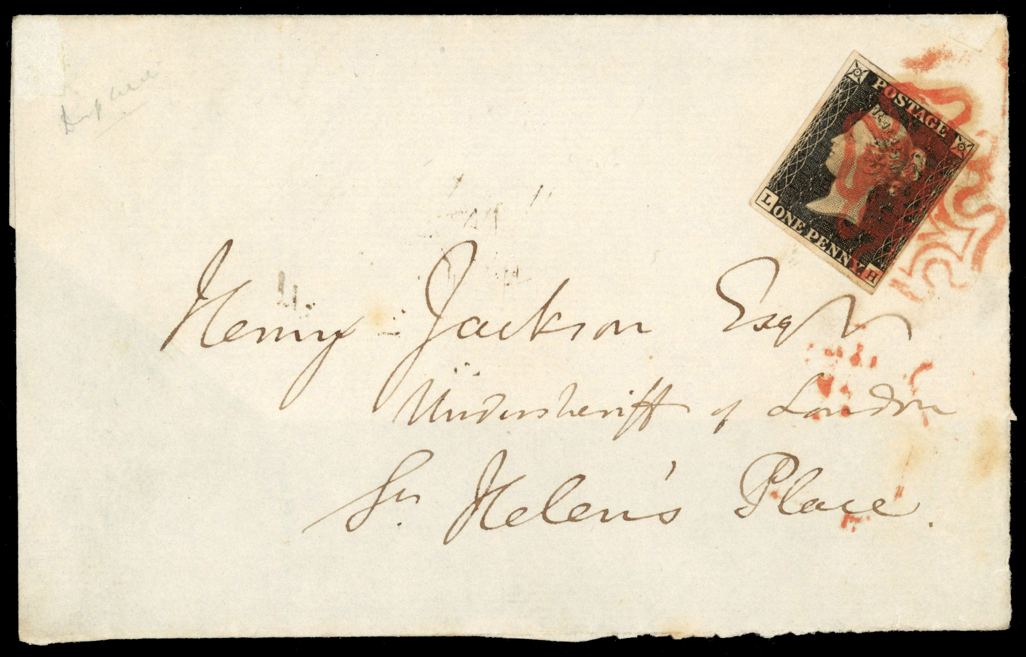 GB 1840 1d black Plate 2 on cover front to London