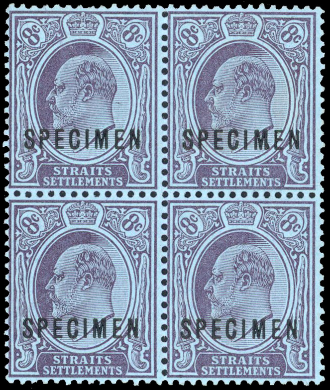 Straits Settlements 1903-04 8c purple/blue opt Specimen block of 4