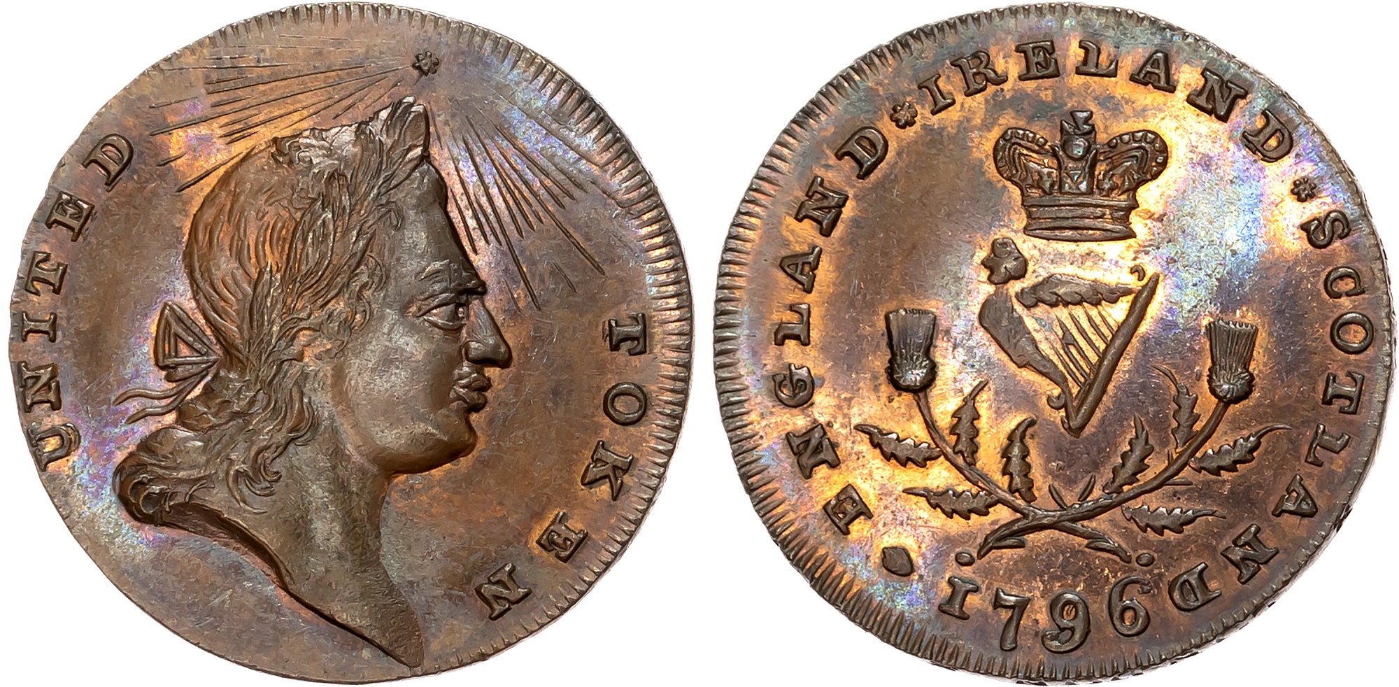 London, Holborn, Thomas Spence Halfpenny 1796, Laureate bust right of George III. rev. Crowned harp between thistles, ed …