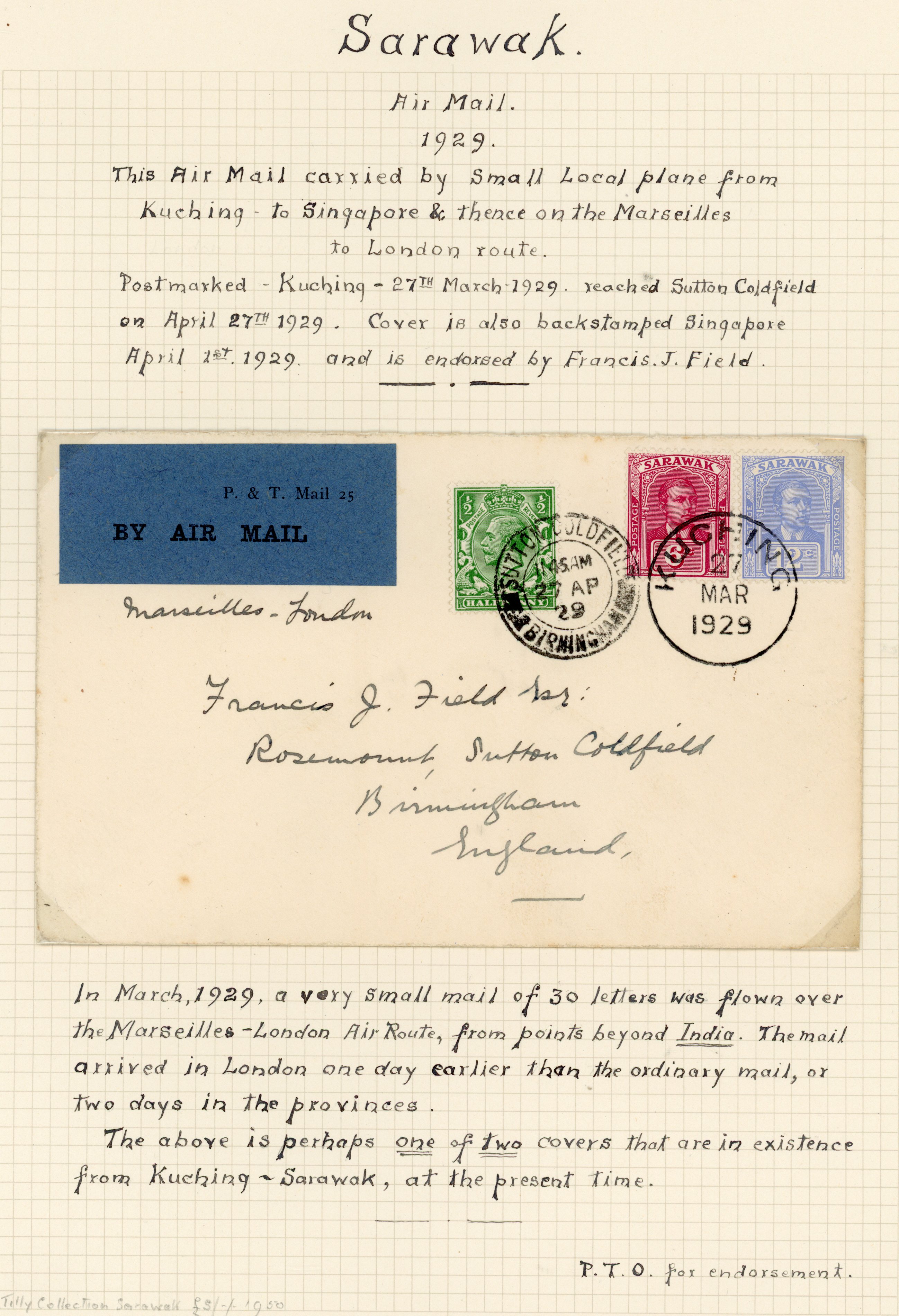 Sarawak 1929 (27 Mar) airmail envelope to England