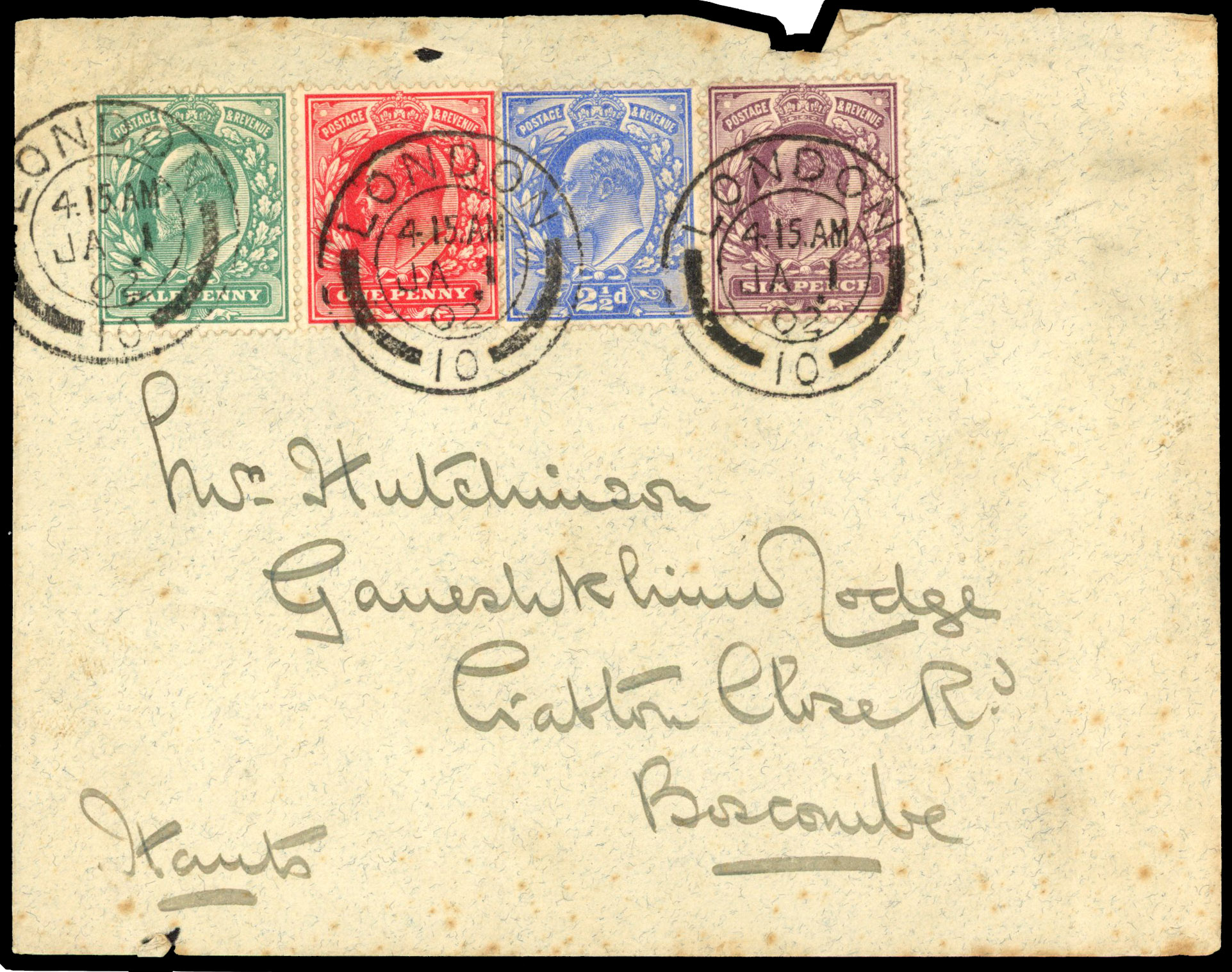 1902 ½d Blue green, 1d scarlet, 2½d ultramarine & 6d pale dull purple. FDC