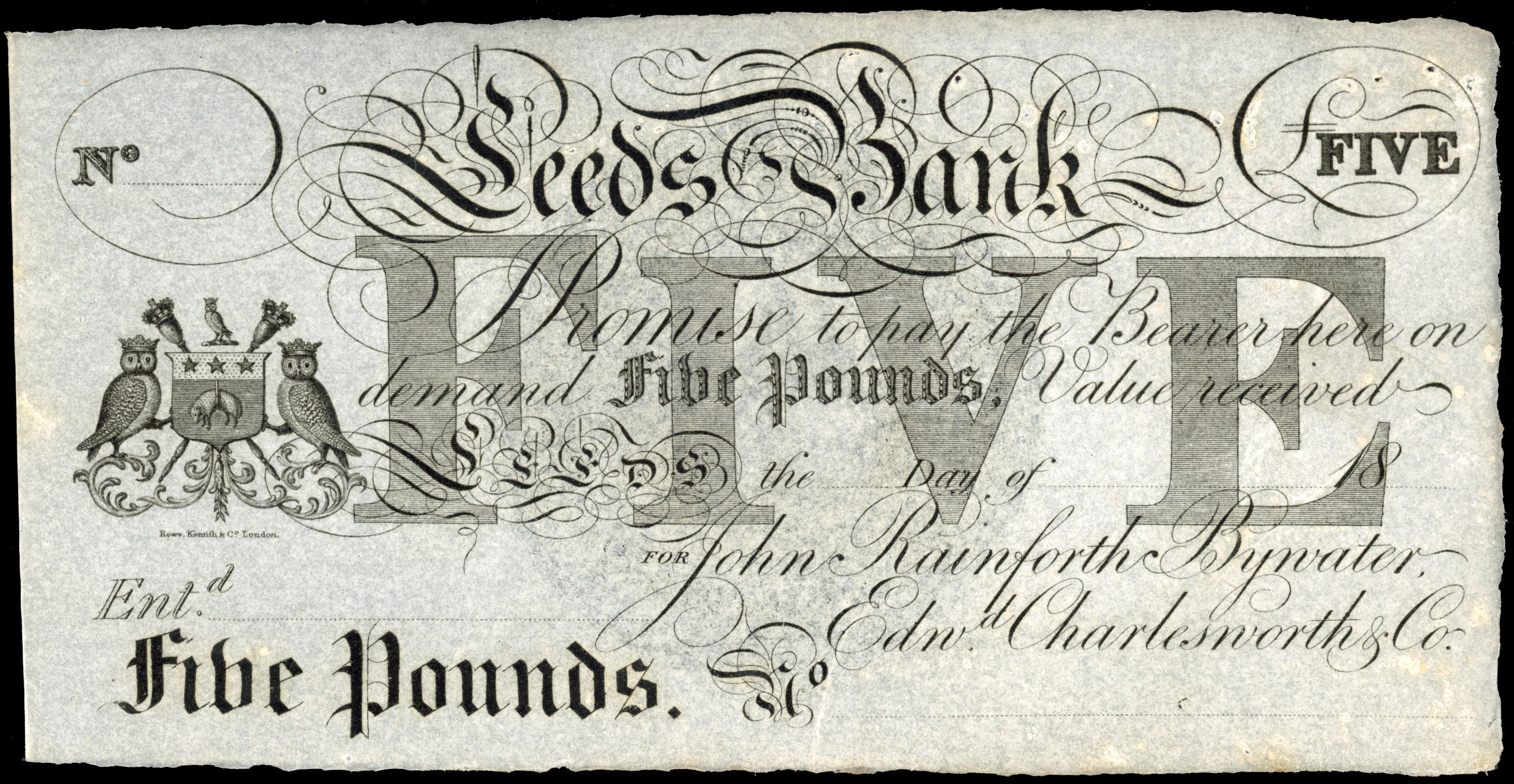 LEEDS, Leeds Bank, for John Rainforth Bywater, Edward Charlesworth & Co. Unissued £5.,18—, City arms to left, …