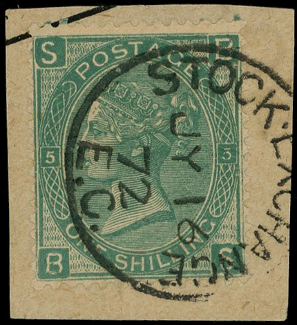 1872 Stock Exchange Forgery Pl.5. Very fine used example with impossible lettering lettered BS, tied to a small piece of…