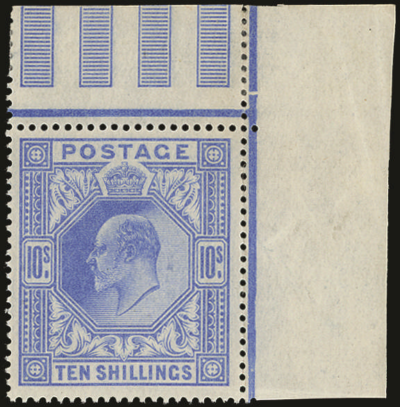 Great Britain 1902 10s Ultramarine. Very fine unmounted o.g. top right hand corner marginal example printed by DLR…