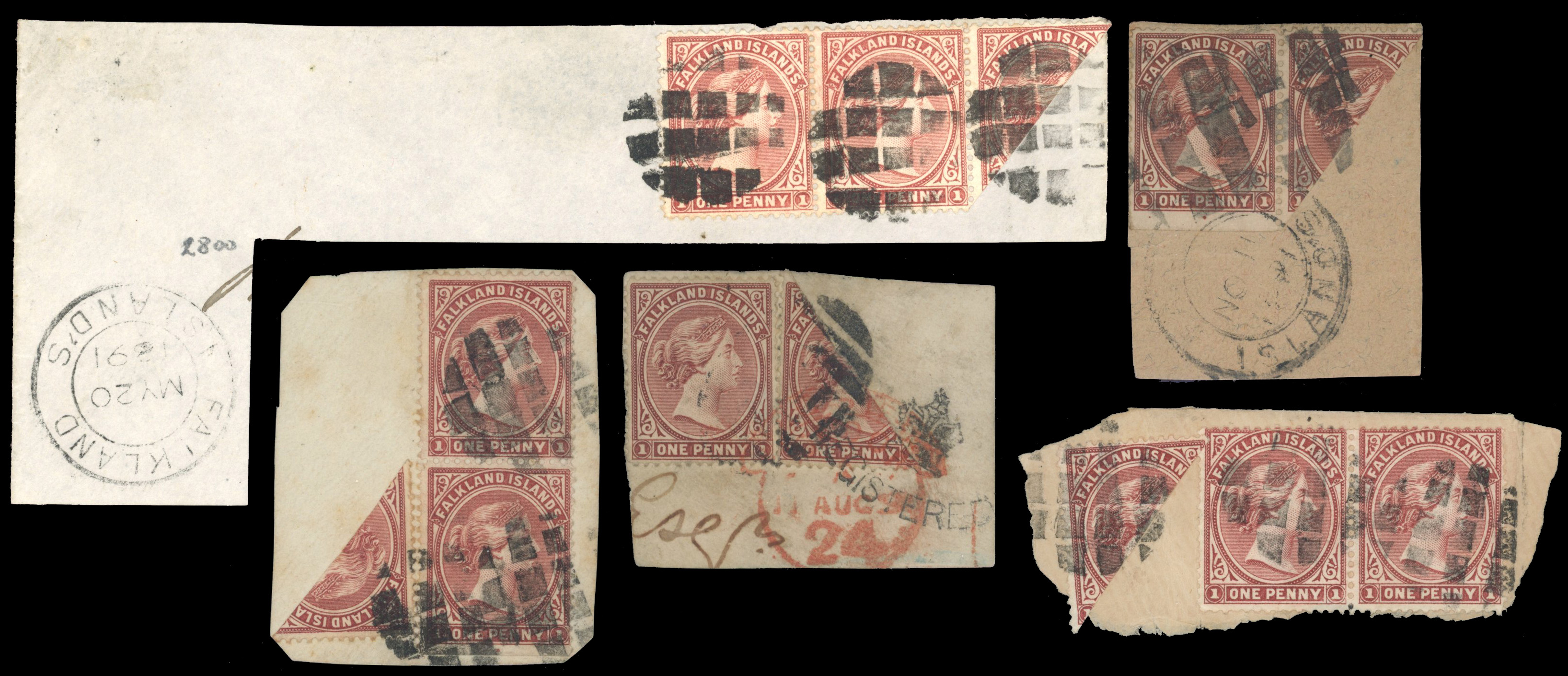 Falkland Islands SG 8a, 11a 1891 group of bisect pieces