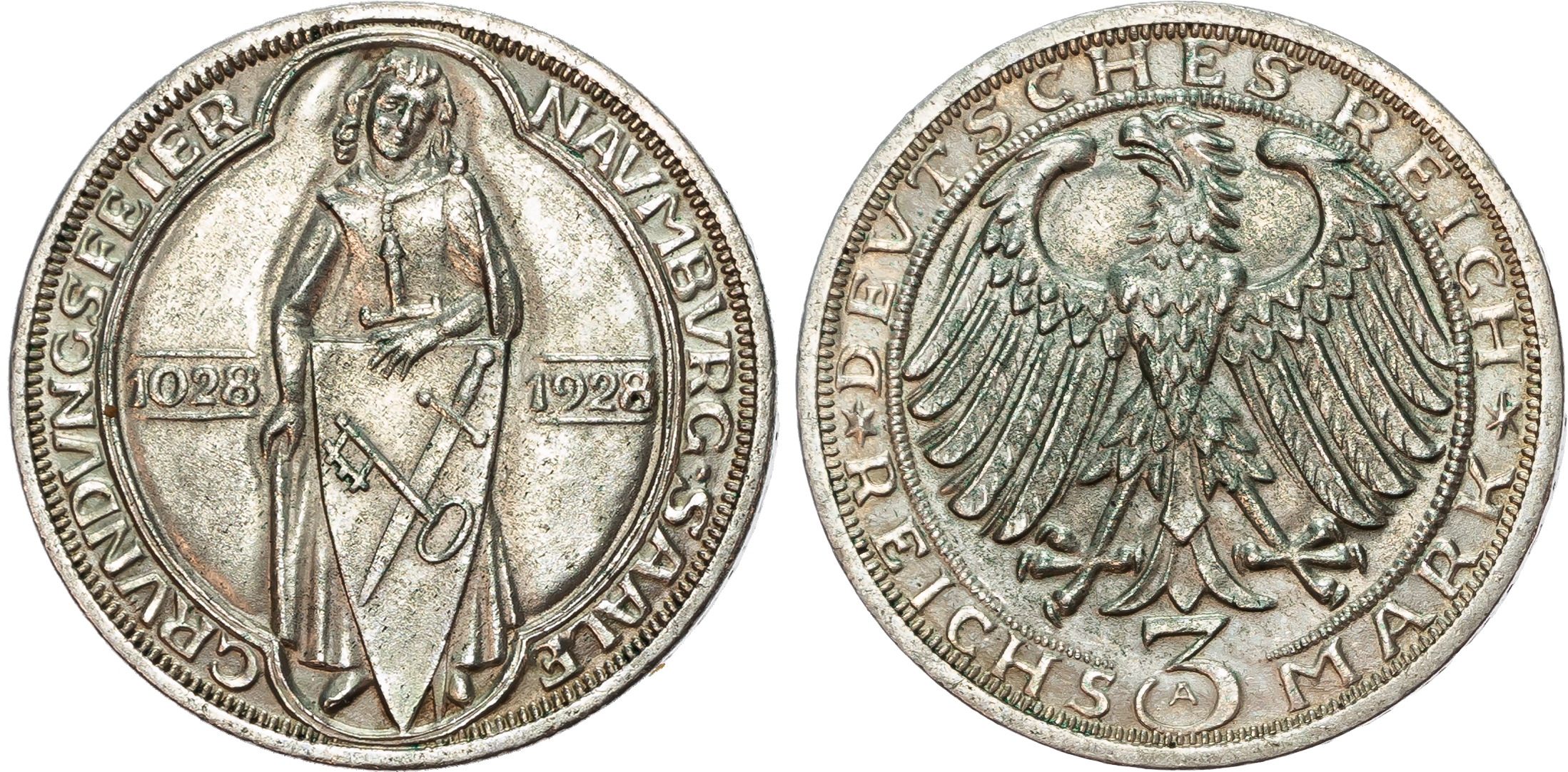 Germany, Weimar Republic (1913-1933), 900th Anniversary of the founding of Naumburg, silver 3 Reichsmark.