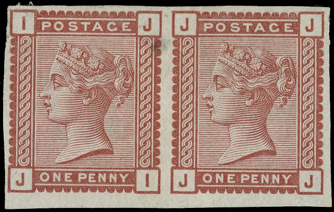 1880 1d Venetian red. Very fine unused o.g. imperforate horizontal pair lettered JI-JJ, very rare. SG166. Cat. £10,000.…