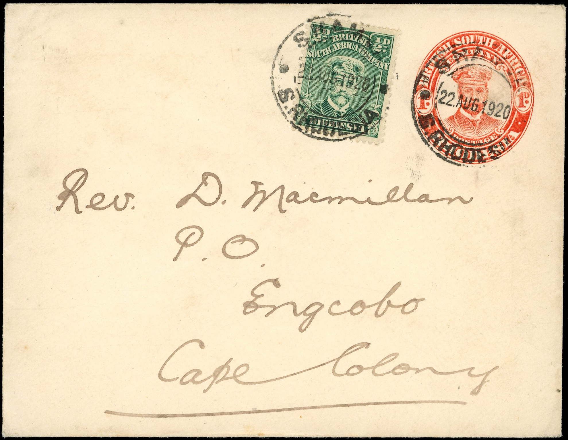 1920 1d red "Admiral" envelope used from Shamva to Engcobo, South Africa