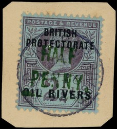 1893 ½d on 2½d handstamped Type 4 in green, fine used on piece with Old Calabar River MR 16 94 CDS.  BPA Certificate...