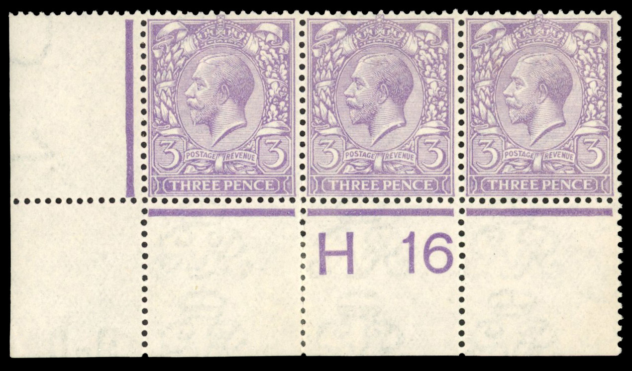 GB: 1912-24 3d very pale violet, mint unmounted o.g. control H16 strip of three