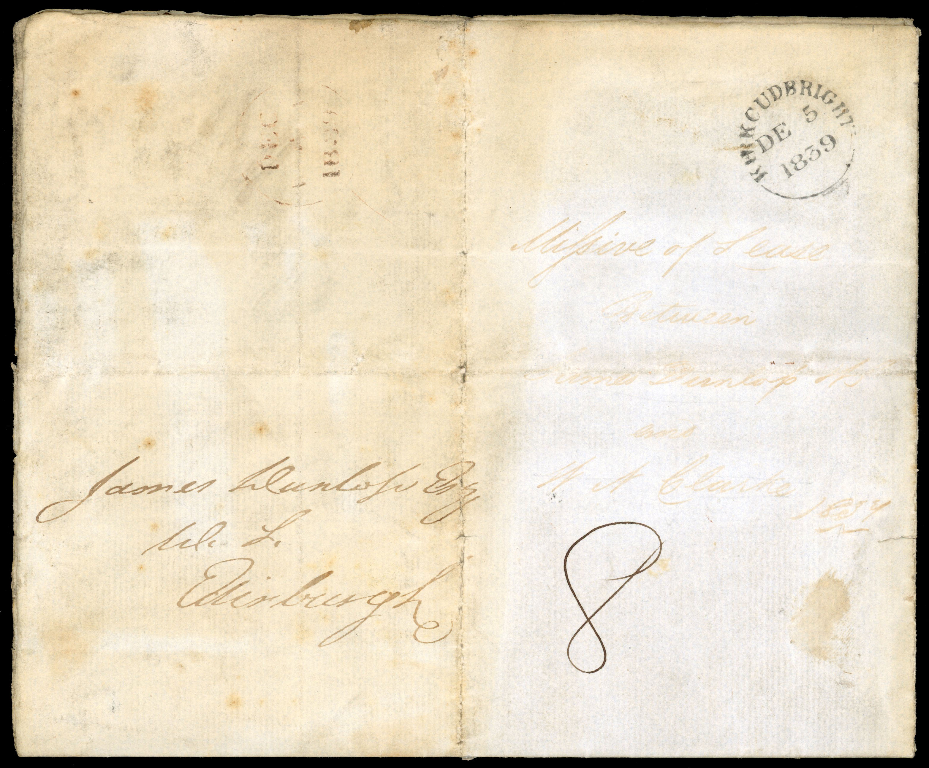 1839 Uniform Fourpenny Post (5th December 1839) Entire sent from Kirkcudbright to Edinburgh first day