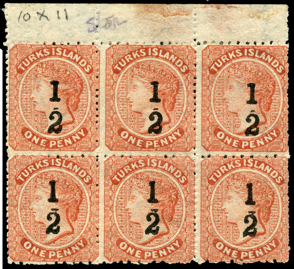 1881 ‘½’ (setting 8, type 7) on 1d dull red, top marginal block of six (3x2), large part og