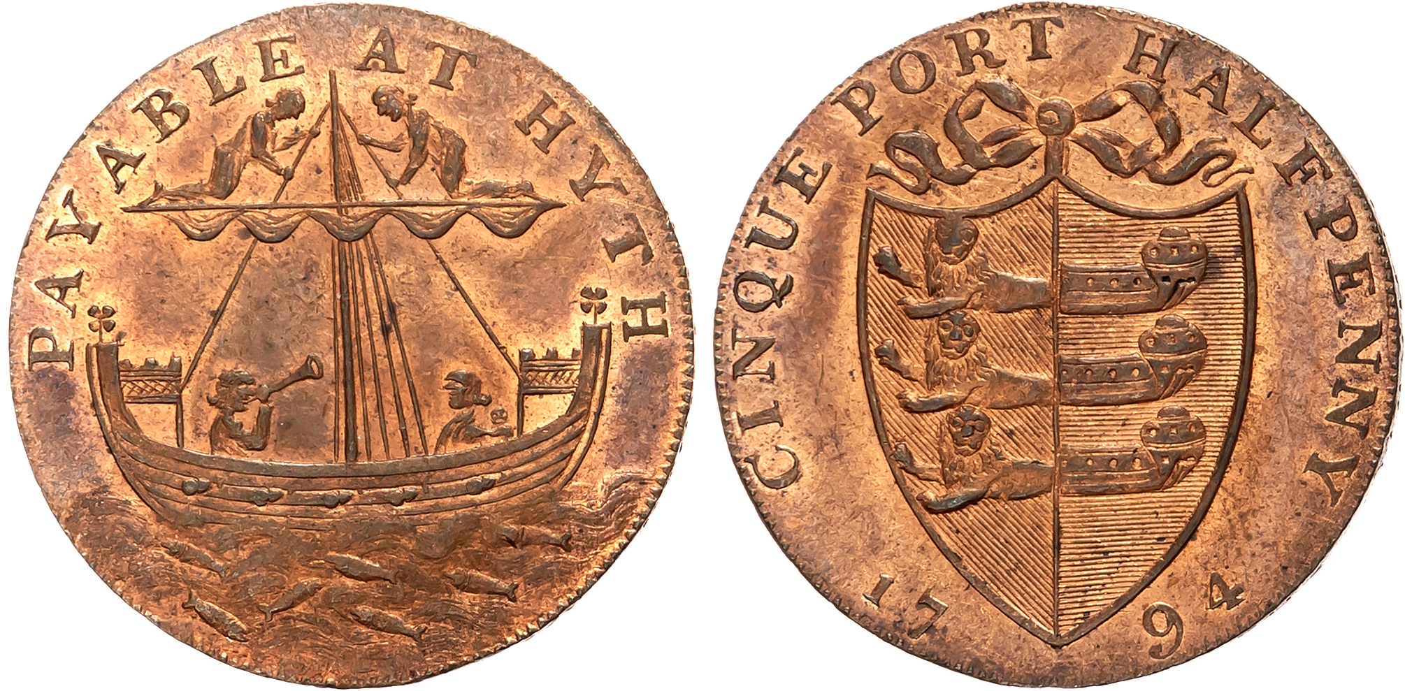 Kent, Hythe , Richard Shipden (grocer) Halfpenny 1794, An ancient sloop, rev. Cinque Port arms, edge AT RICHARD SHIPDEN …