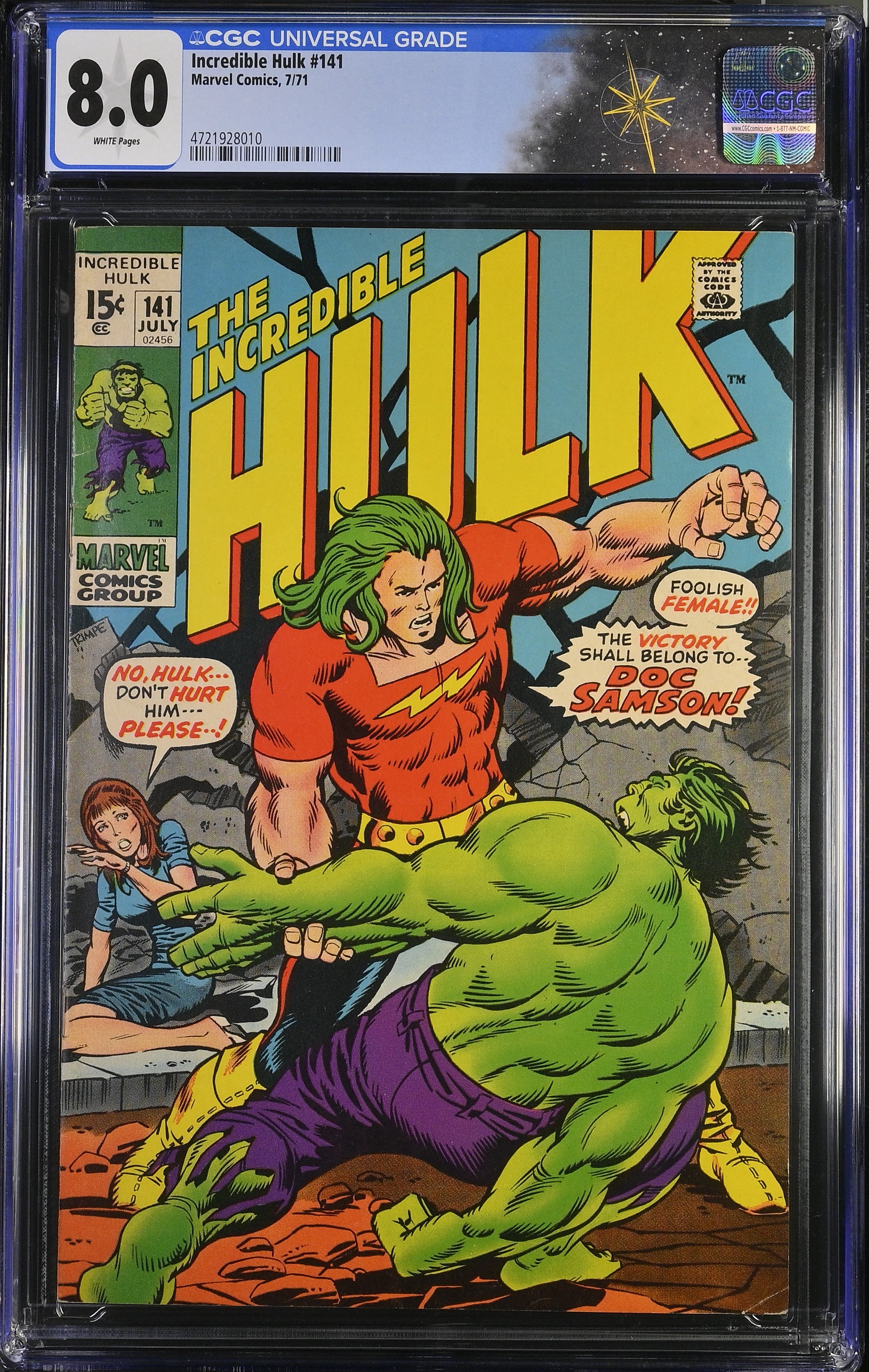 Incredible Hulk #141 CGC 8.0 “His Name Is Samson!” Origin and 1st appearance of Doc Samson (Marvel Comics, 1971) White Pages