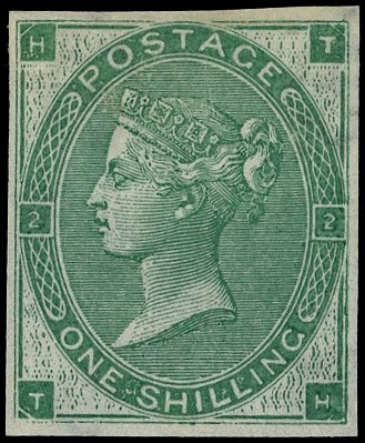 1862 1s Deep green Pl.3 (Hair lines). Very fine unused o.g. imperforate imprimatur lettered TH. Scarce one of only 22 po…