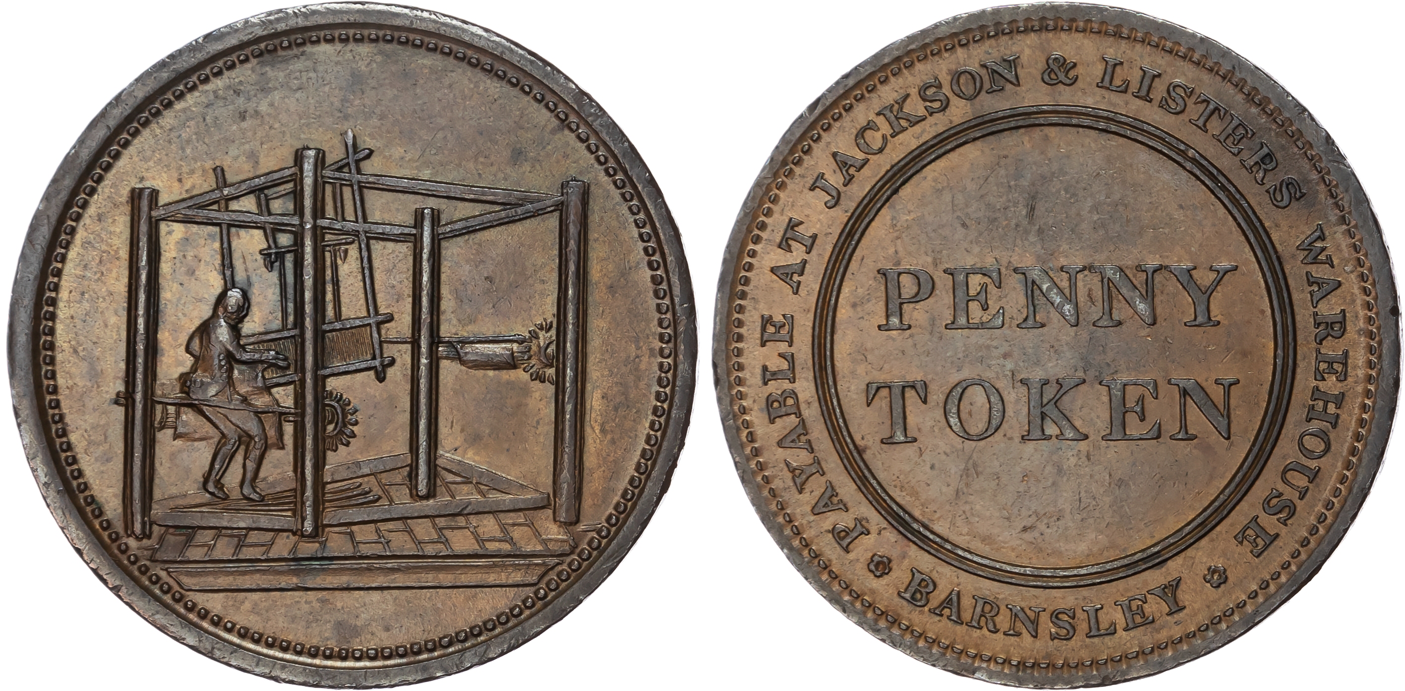 BARNSLEY, Yorks. Jackson & Lister Penny (1811), Man in a box loom, beam to centre of head, rev. Denom. edge ce…