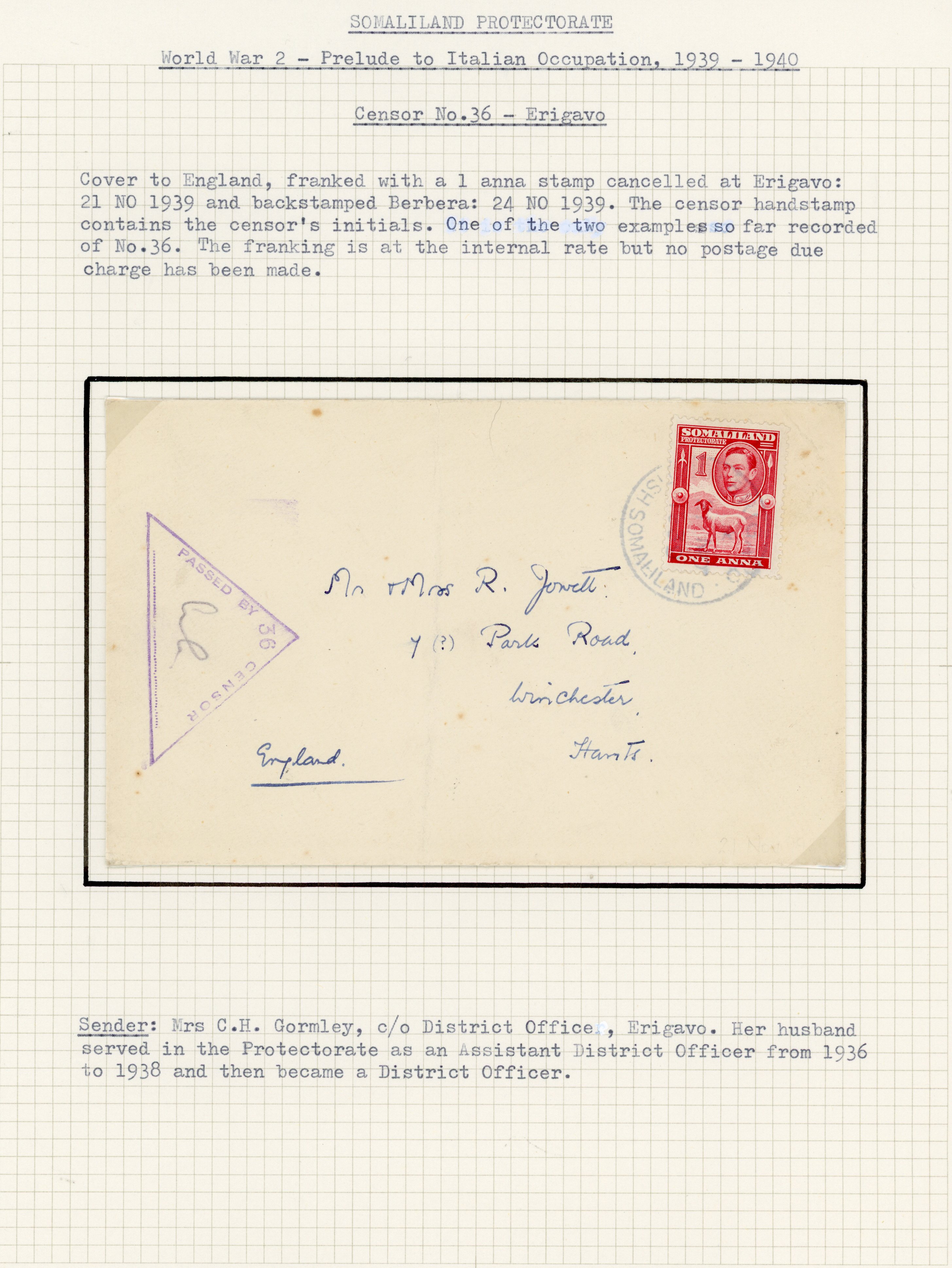 Somaliland 1939 Censor cover
