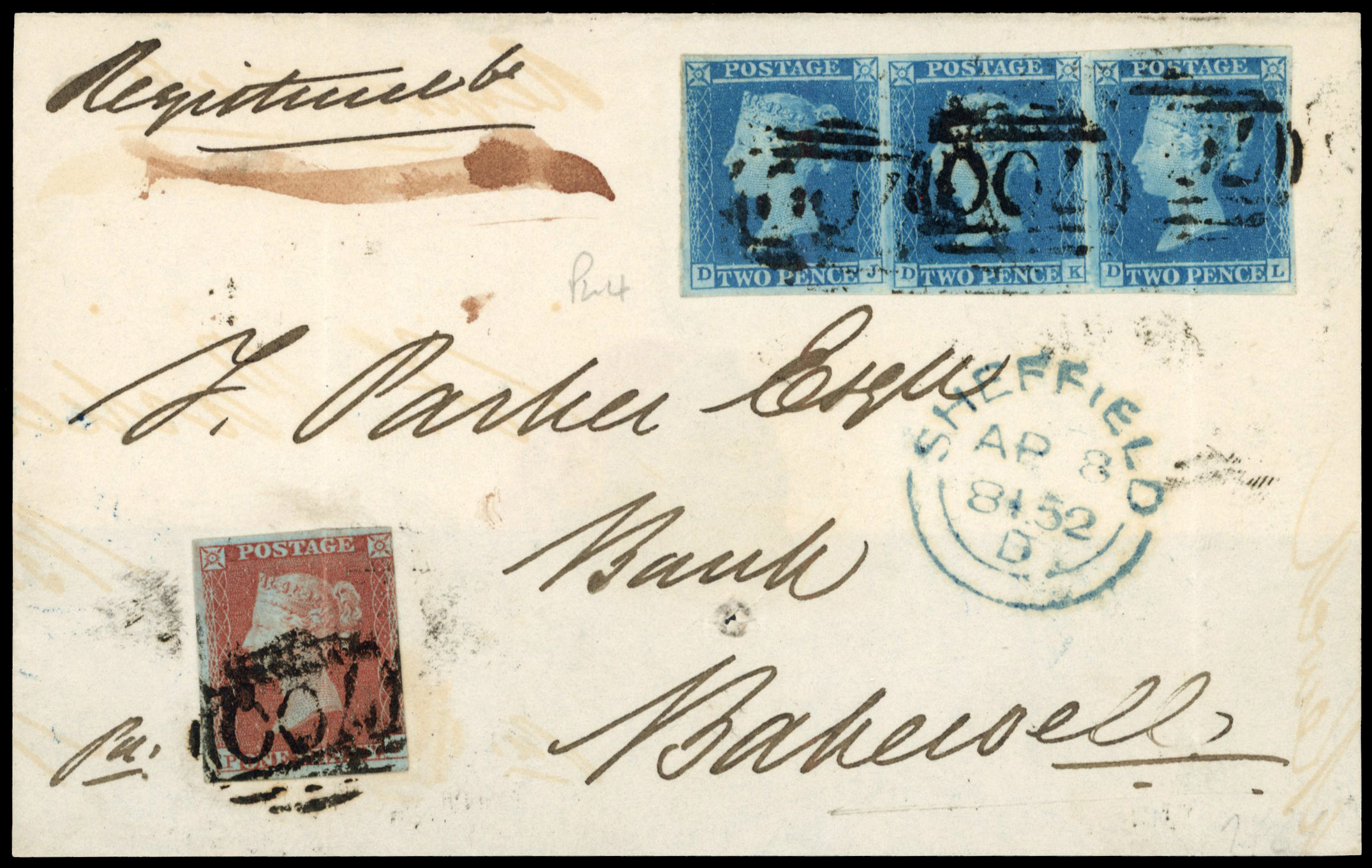 Great Britain registered front to Bakewell franked by 2d strip of three and 1d red-brown. 