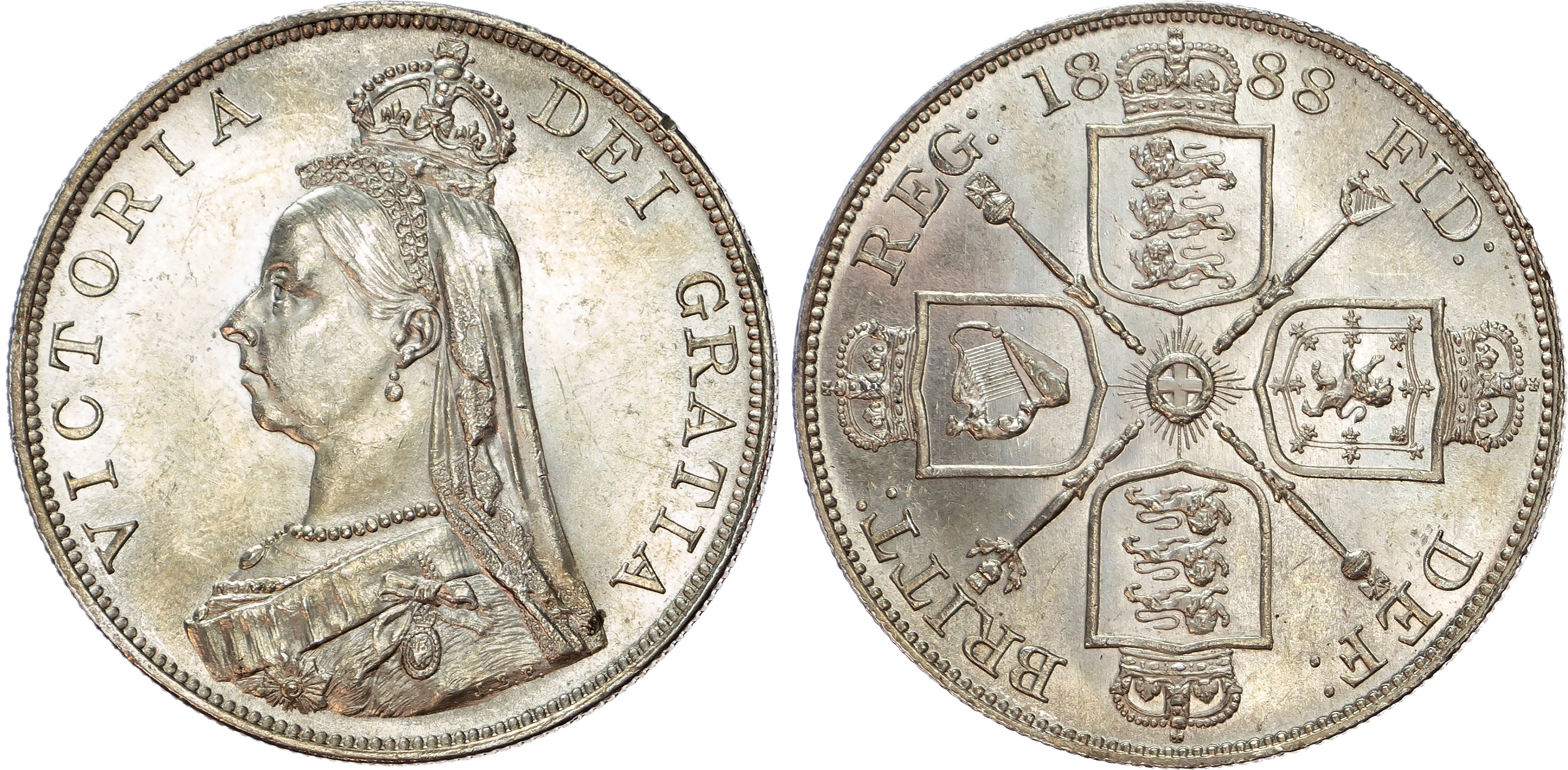 Victoria (1837-1901), Double-Florin, 1888, 'Jubilee' bust left, second I in VICTORIA over an inverted 1