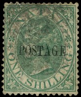1869 1/- green overprinted POSTAGE Type 7a, good used with a tiny surface scrape at the top left corner, not mentioned on...