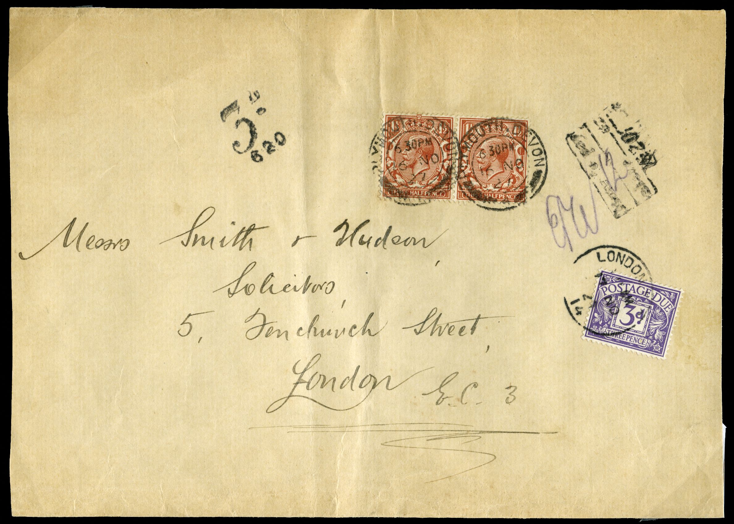 1927 Postage due. Very fine large overweight cover bearing a pair of 1½d red-brown cancelled by Plymouth/Devon cds's for...