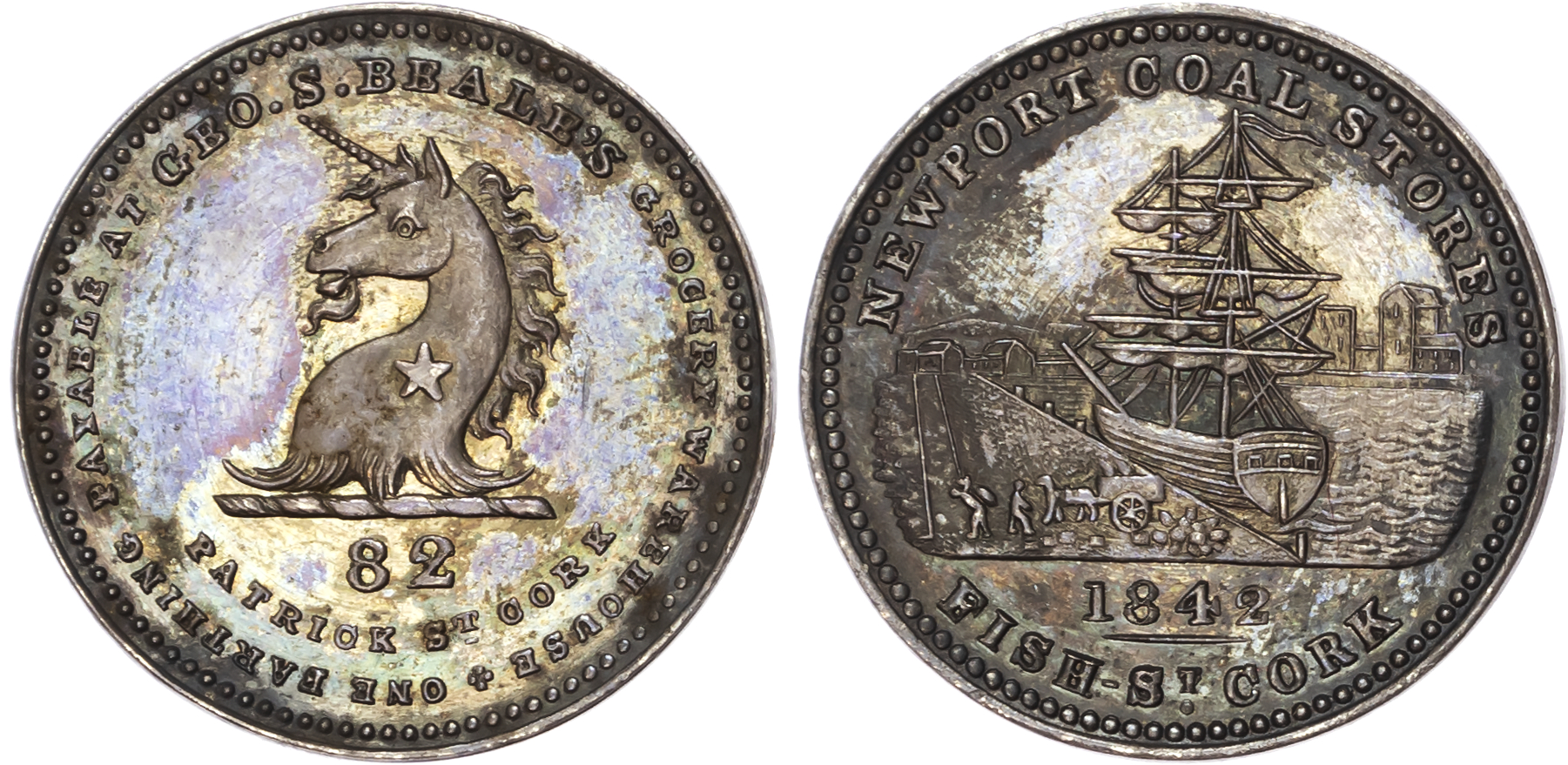 Cork. George Beale (grocer) SILVER PROOF farthing 1842, Unicorn crest over 82/ship at quay side. 21.5mm (W 568…